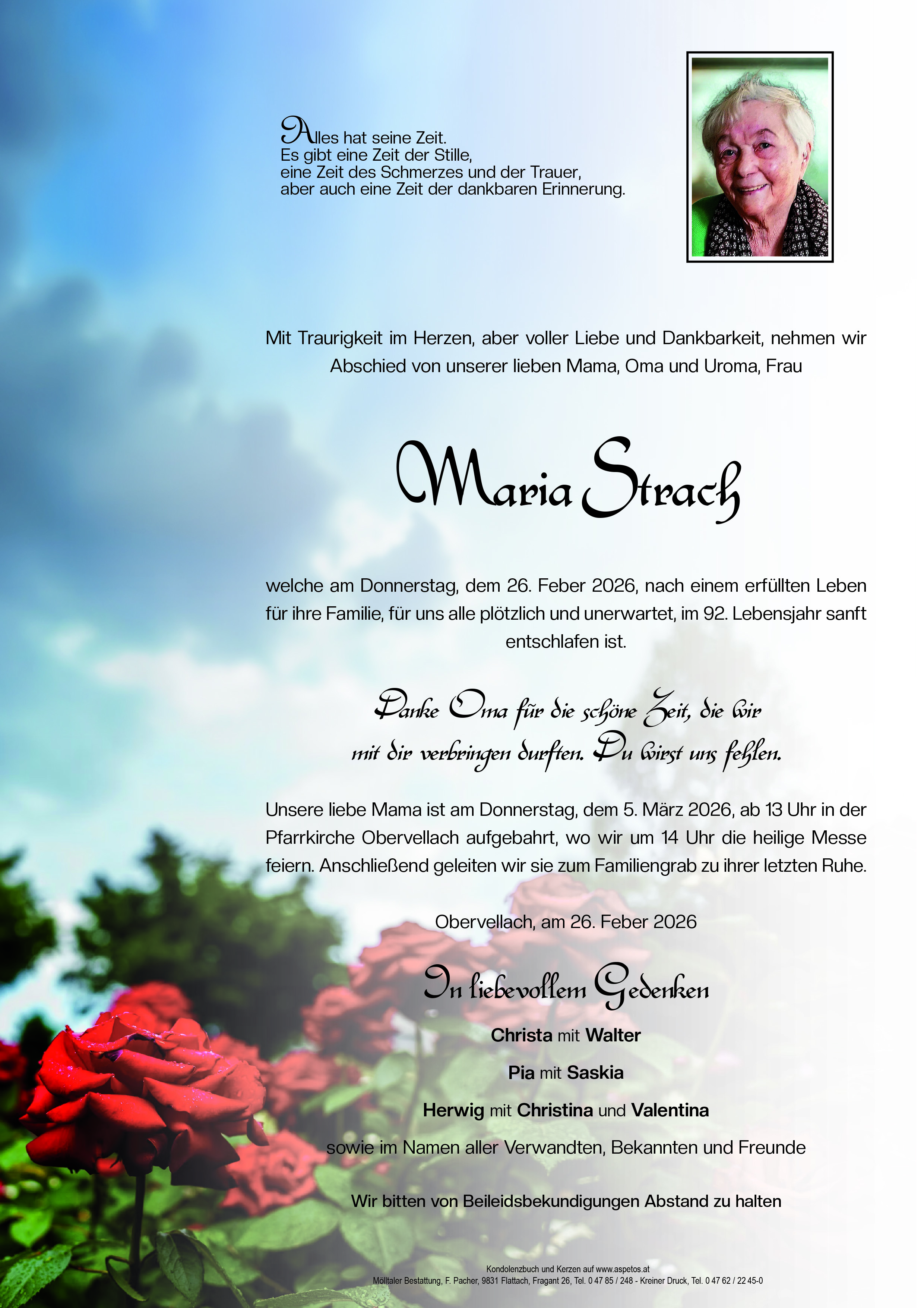 Traueranzeige von Maria Strach