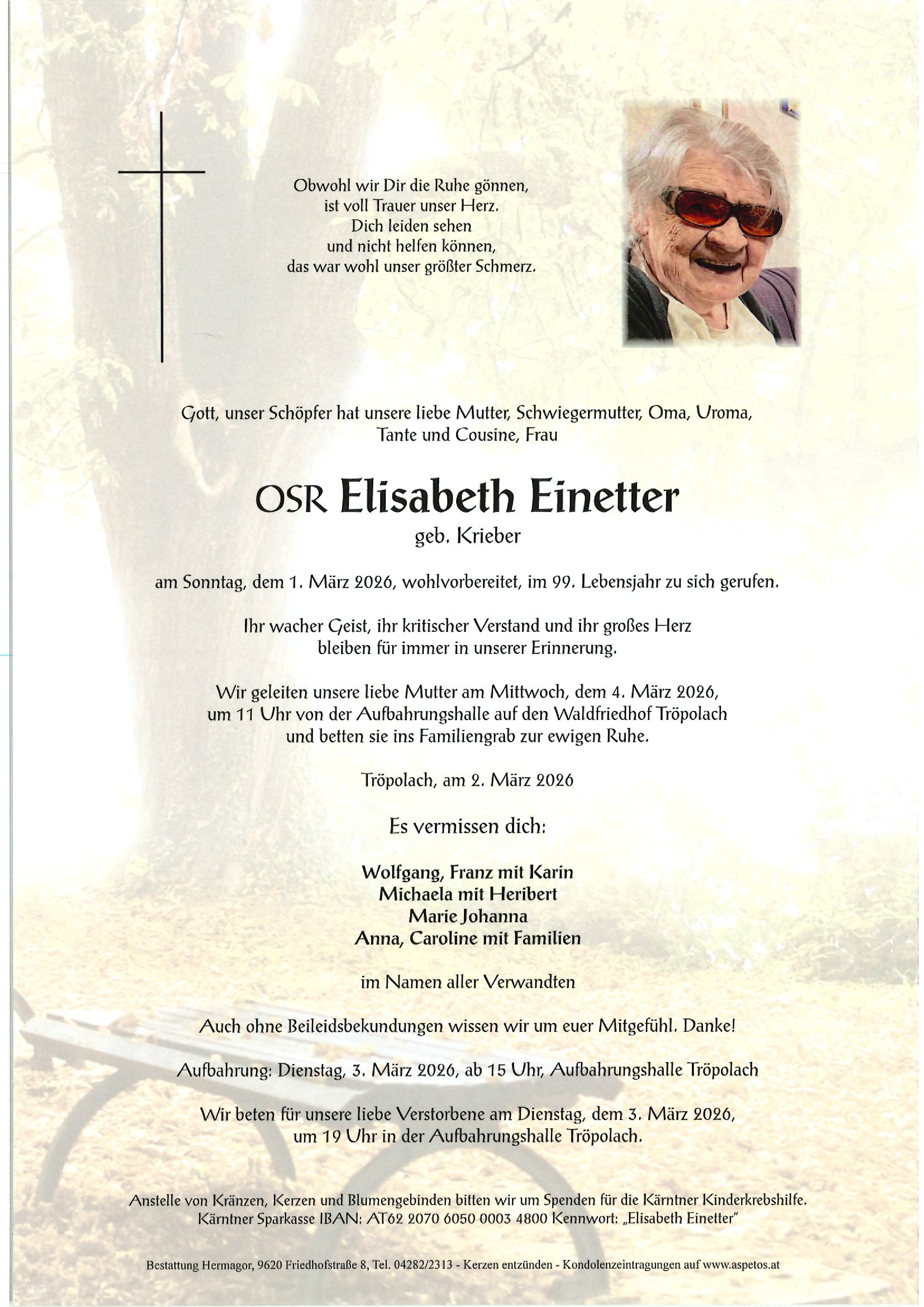 Traueranzeige von OSR Elisabeth Einetter