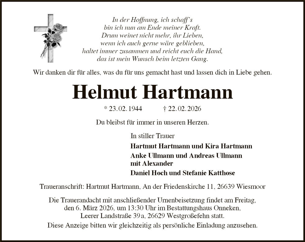 Traueranzeige von Helmut Hartmann
