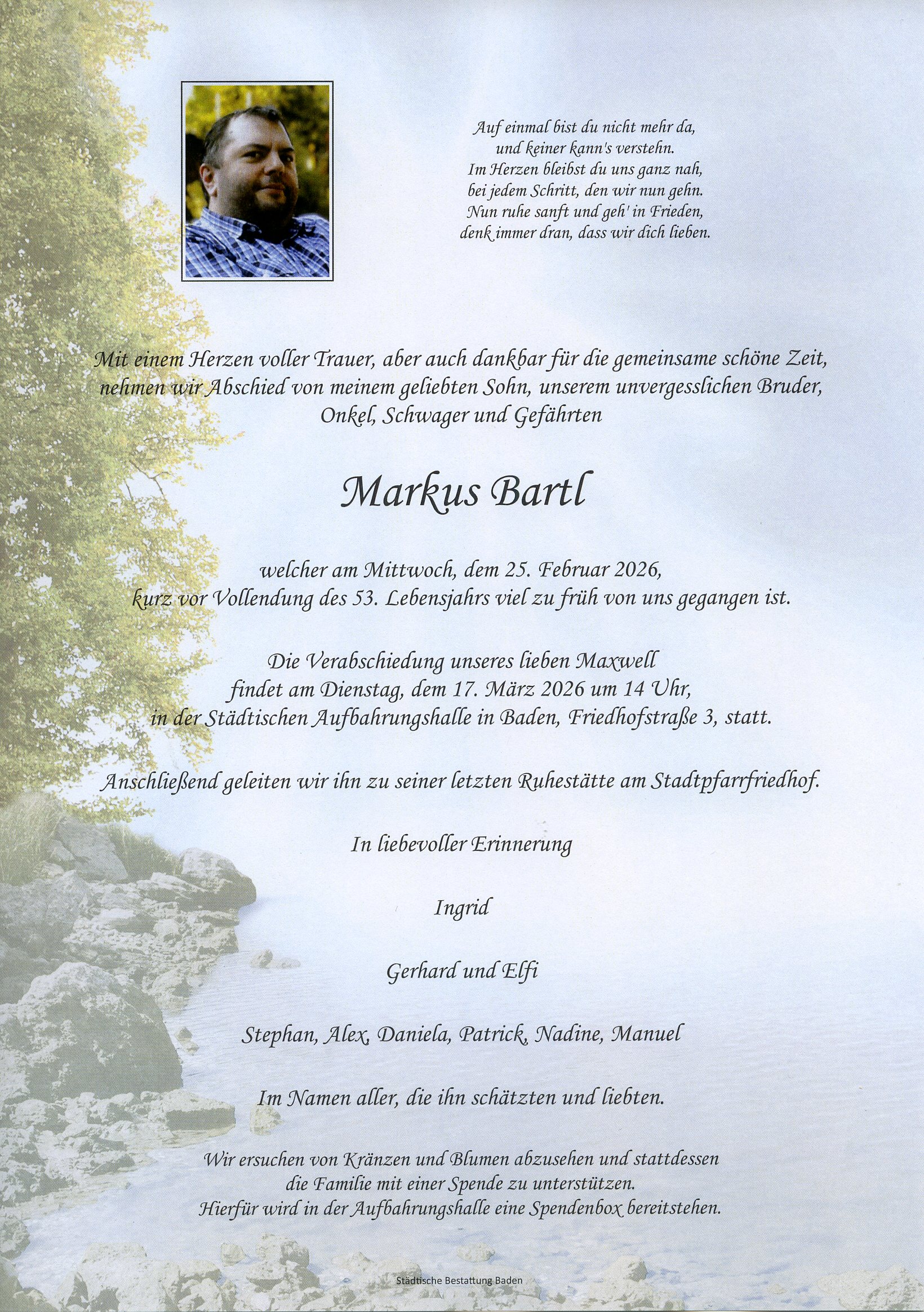 Traueranzeige von Markus Bartl
