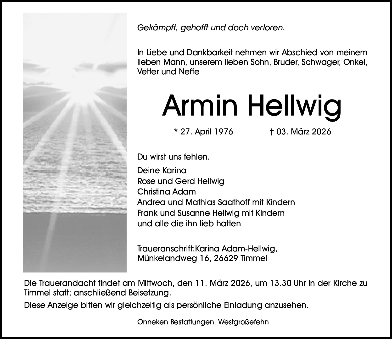 Traueranzeige von Armin Hellwig