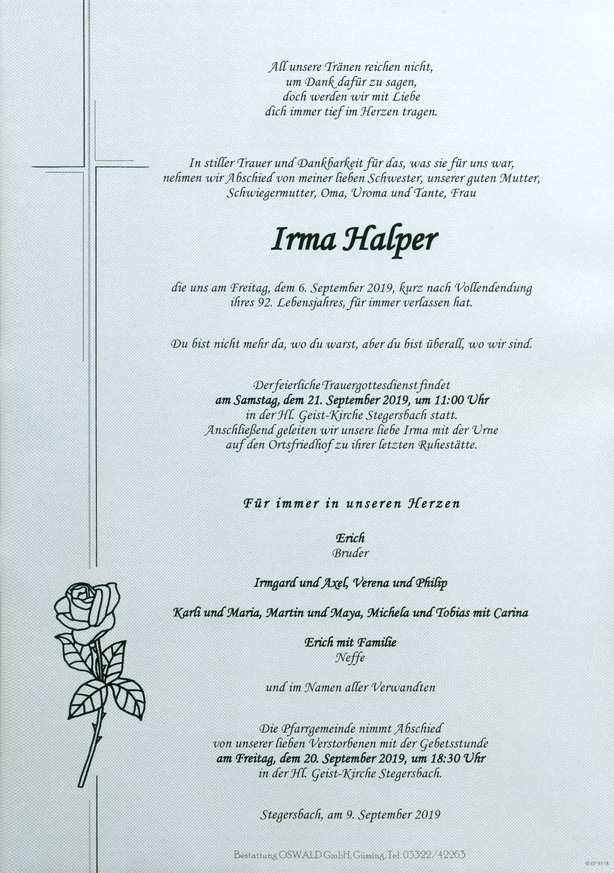 Traueranzeige von Irma Halper