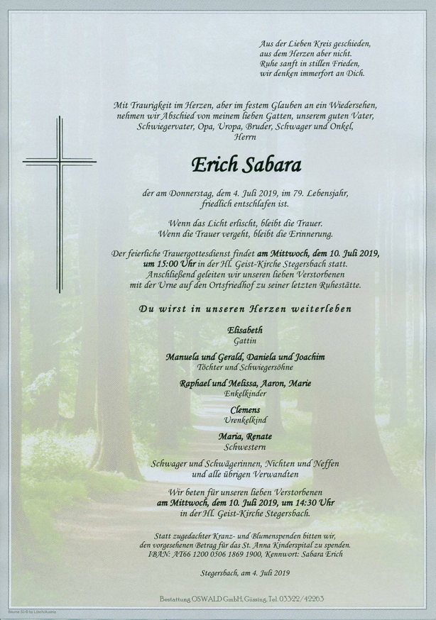 Traueranzeige von Erich Sabara