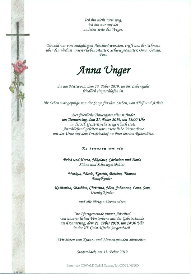 Traueranzeige von Anna Unger