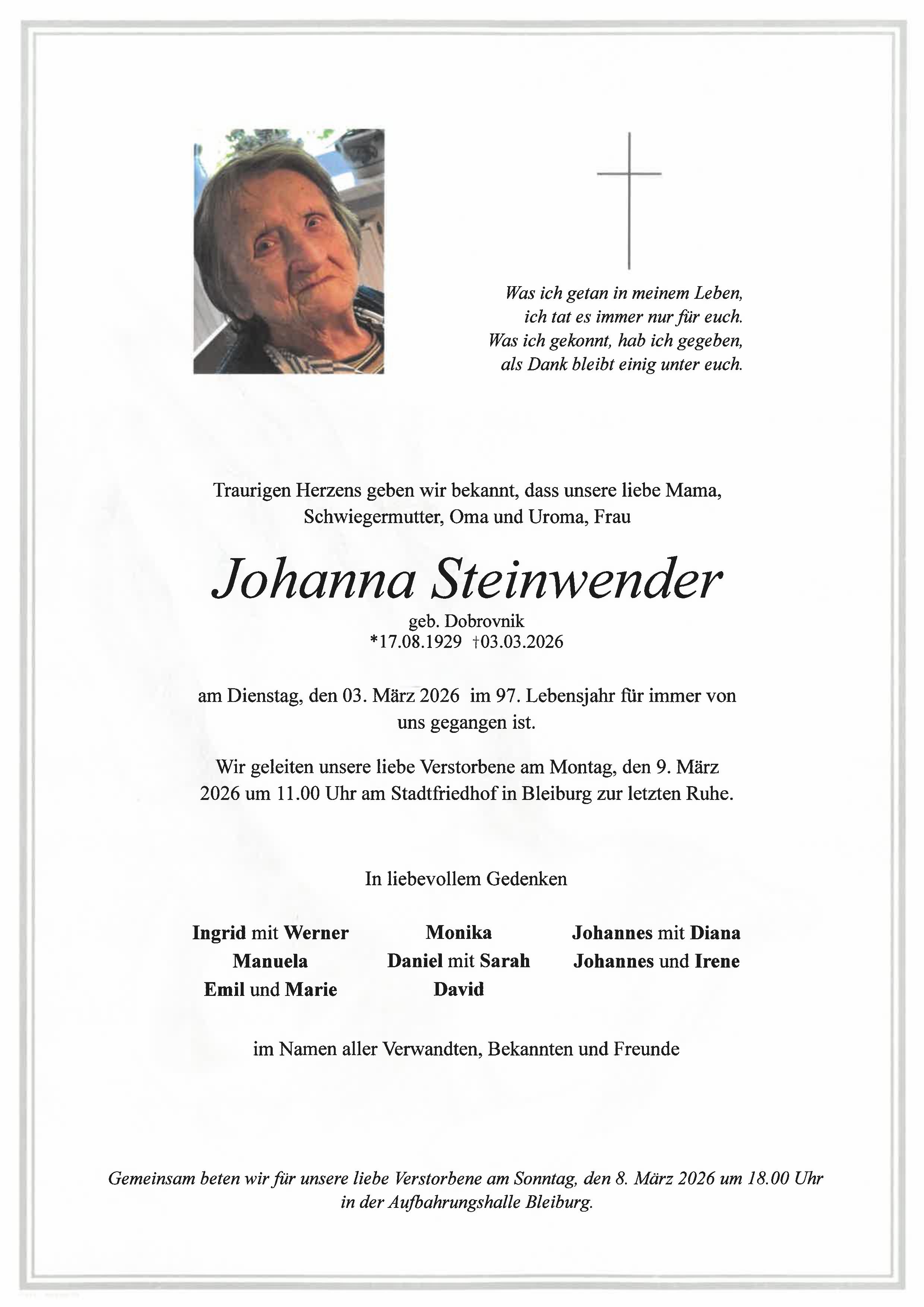 Traueranzeige von Johanna Steinwender