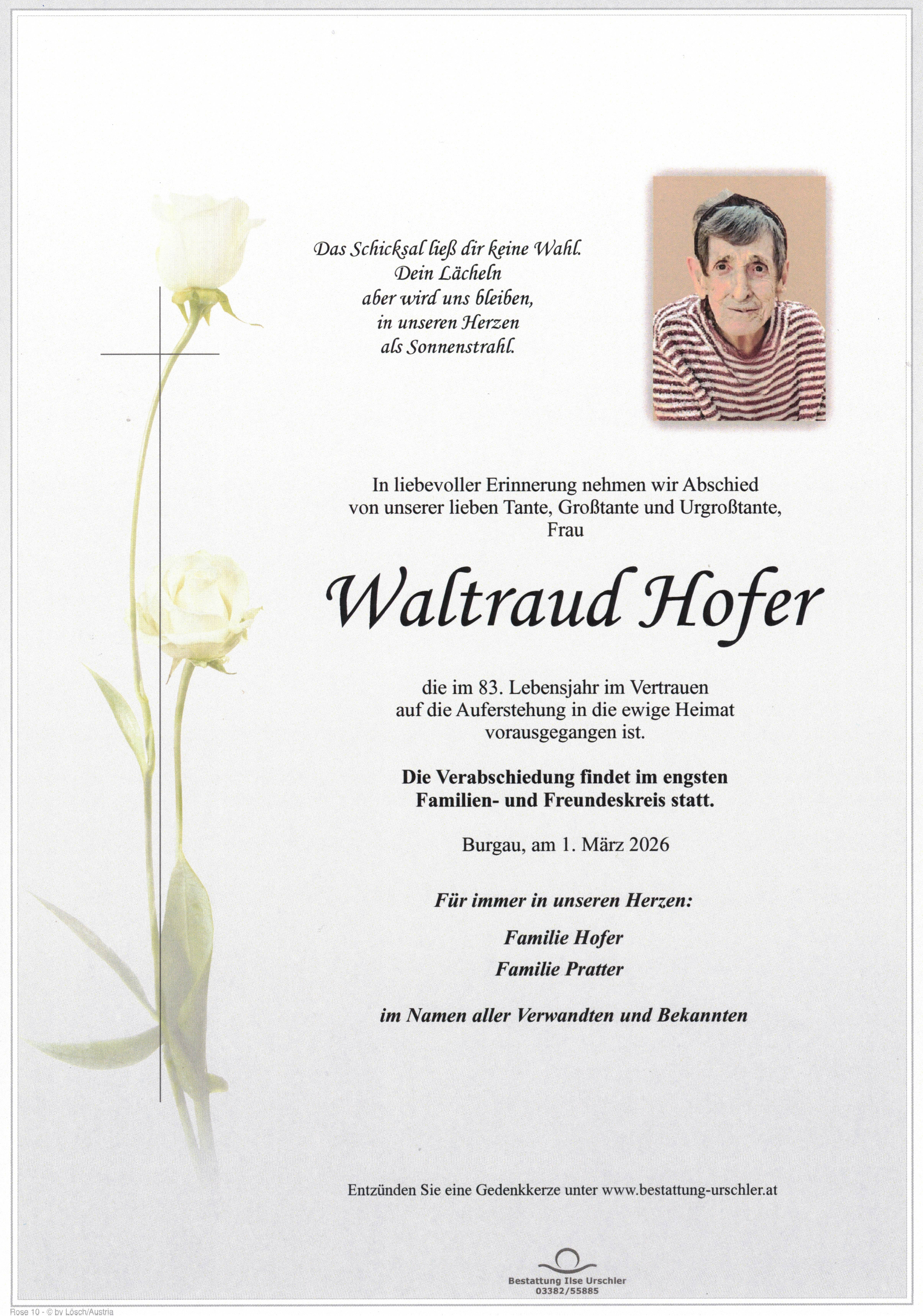 Traueranzeige von Waltraud Hofer