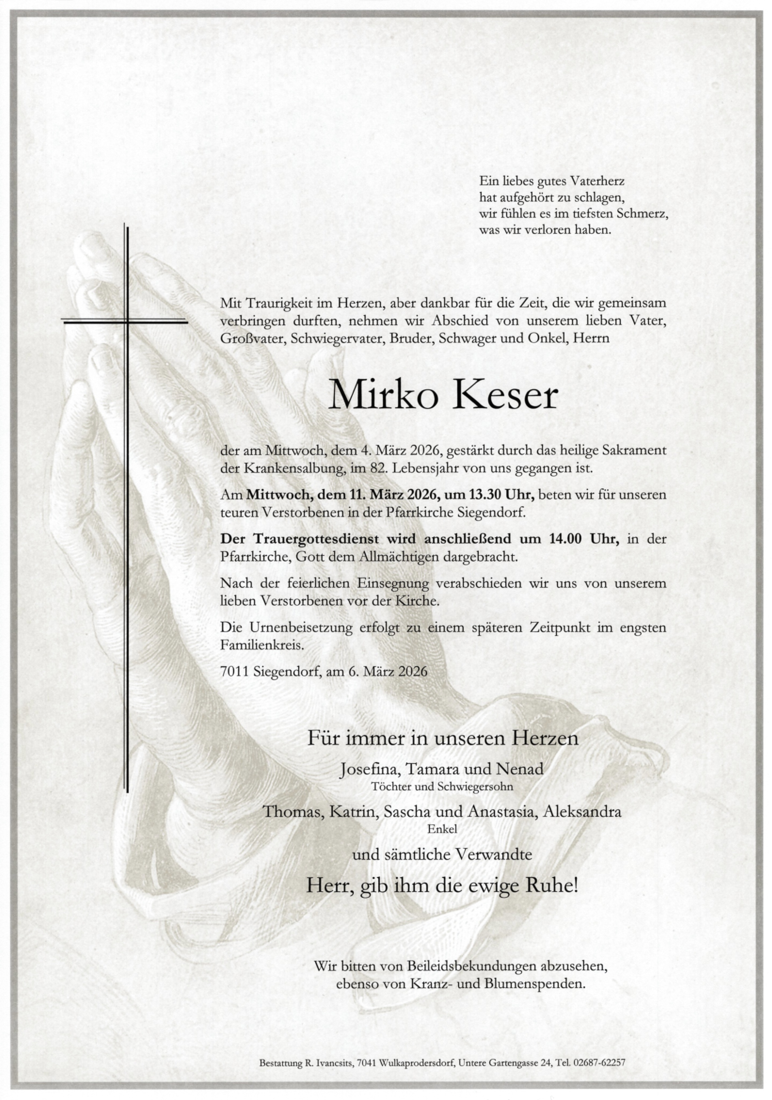 Traueranzeige von Mirko Keser