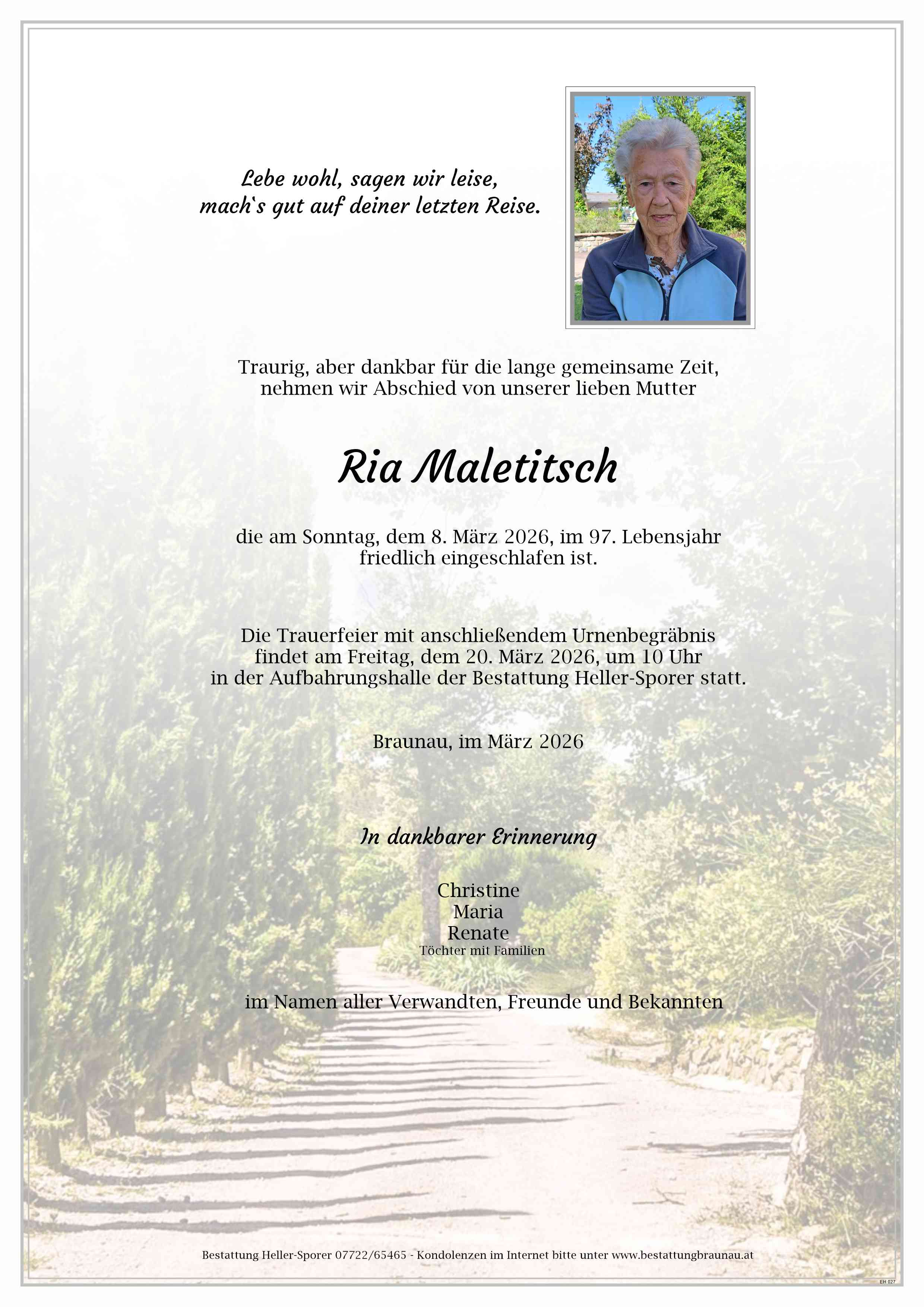 Traueranzeige von Ria Maletitsch