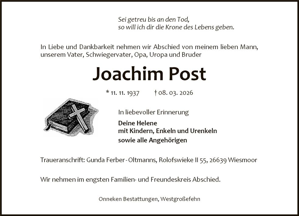 Traueranzeige von Joachim Post
