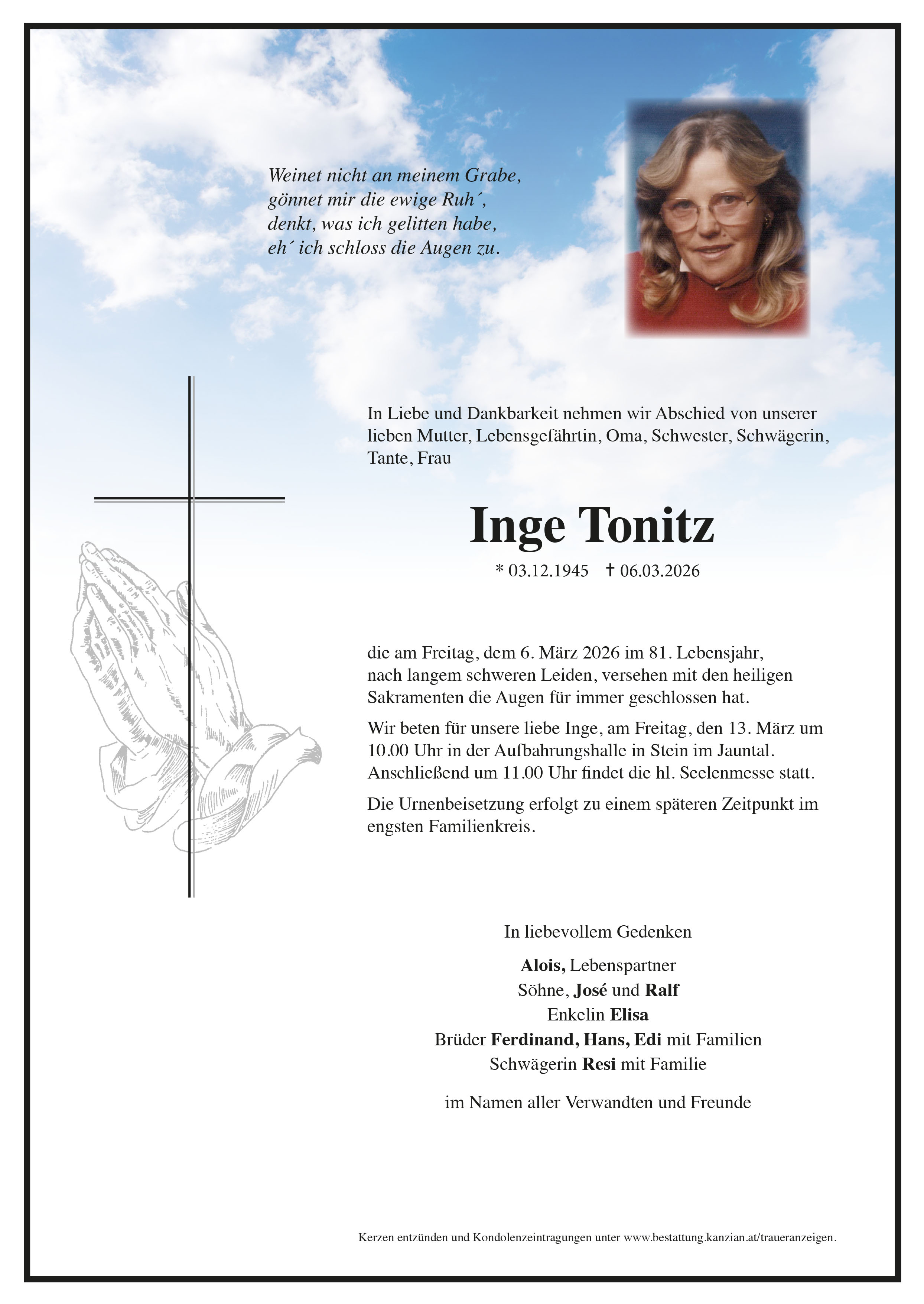 Traueranzeige von Inge Tonitz