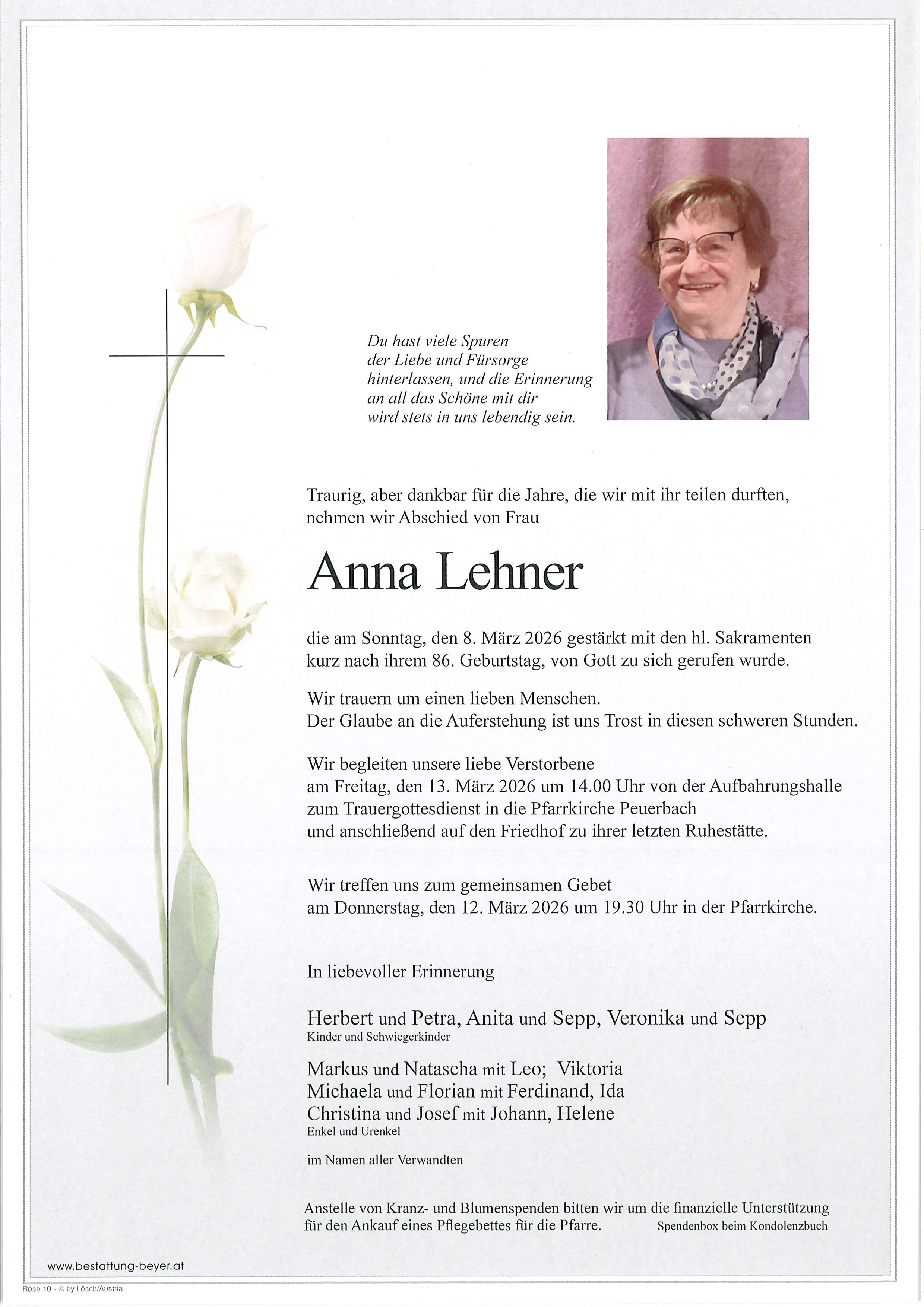 Traueranzeige von Anna Lehner