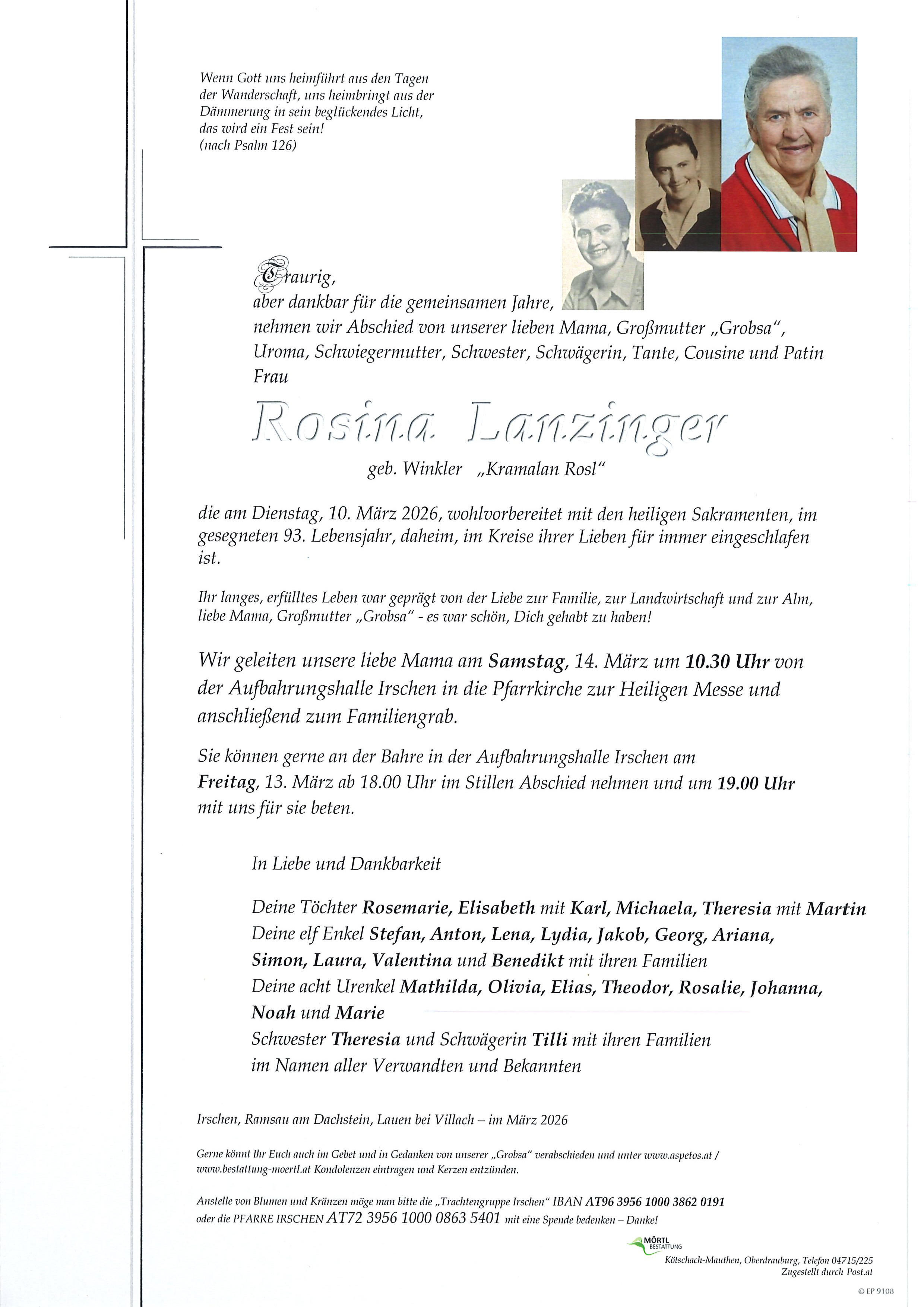 Traueranzeige von Rosina Lanzinger