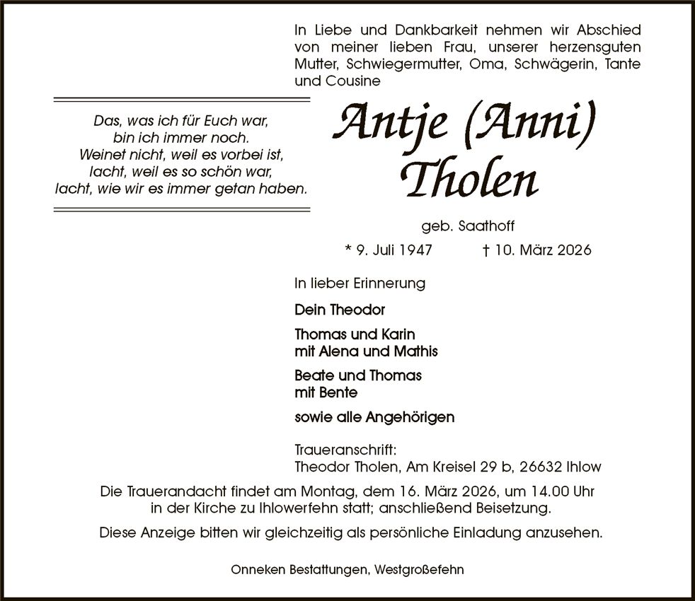 Traueranzeige von Antje Tholen