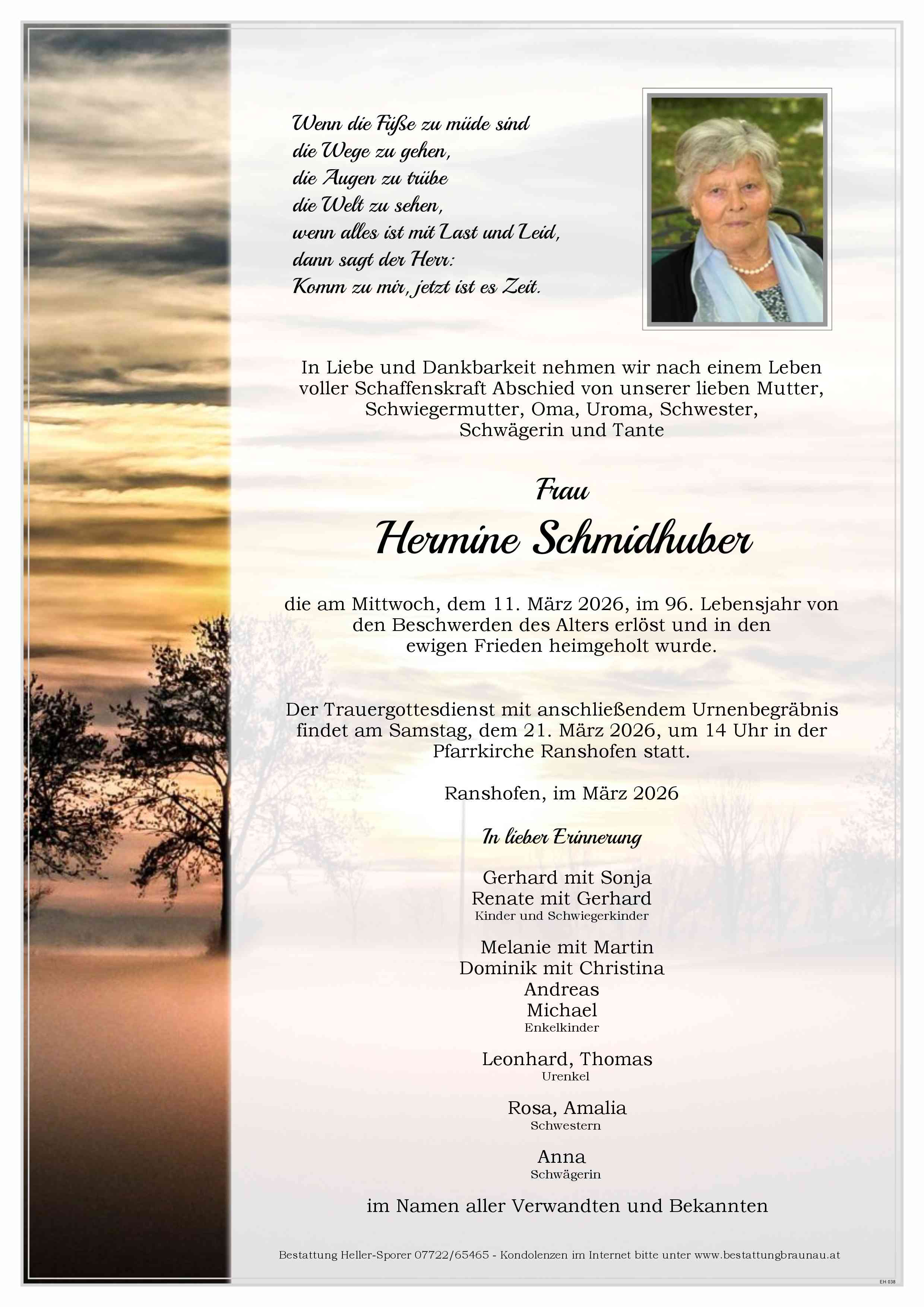 Traueranzeige von Hermine Schmidhuber