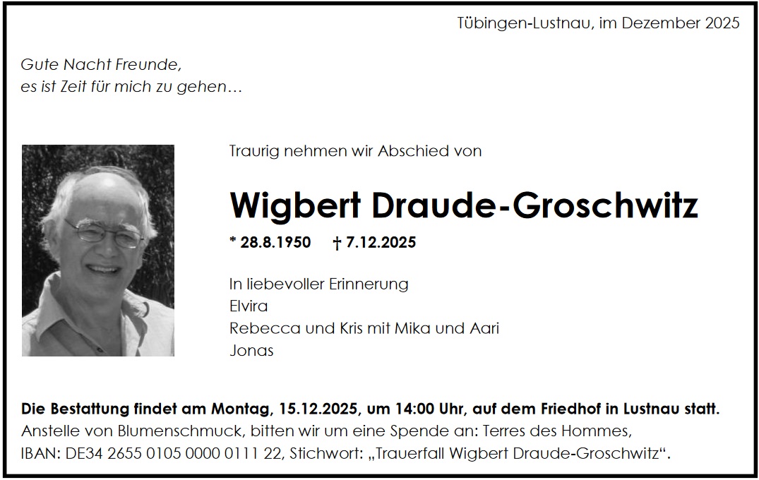 Traueranzeige von Wigbert Draude-Groschwitz