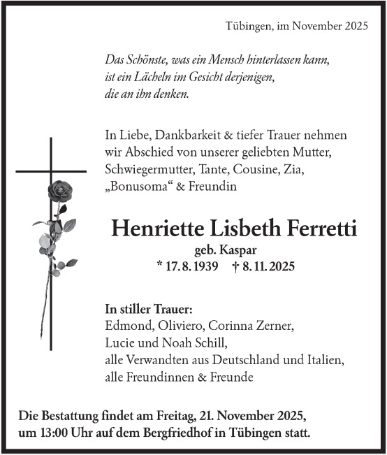 Traueranzeige von Henriette Lisbeth Ferretti
