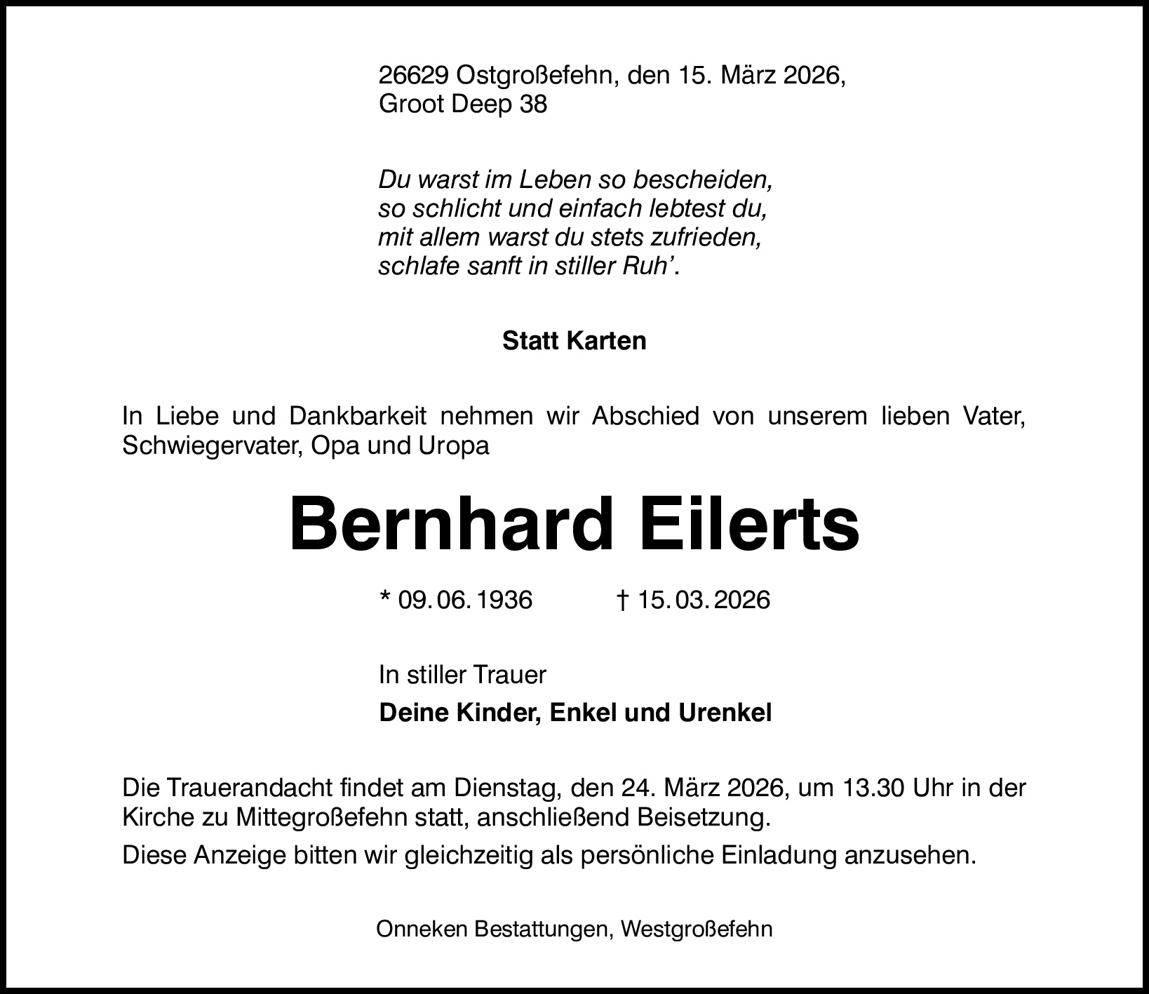 Traueranzeige von Bernhard Eilerts