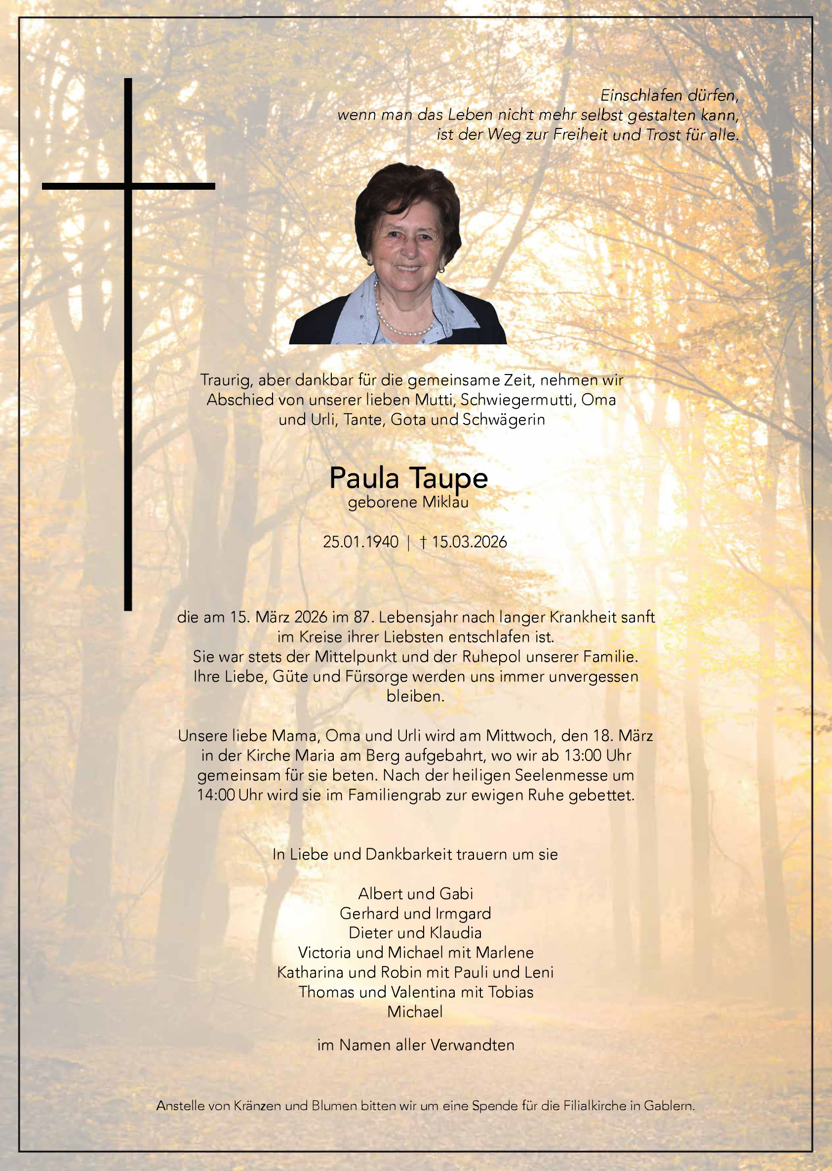 Traueranzeige von Paula Taupe