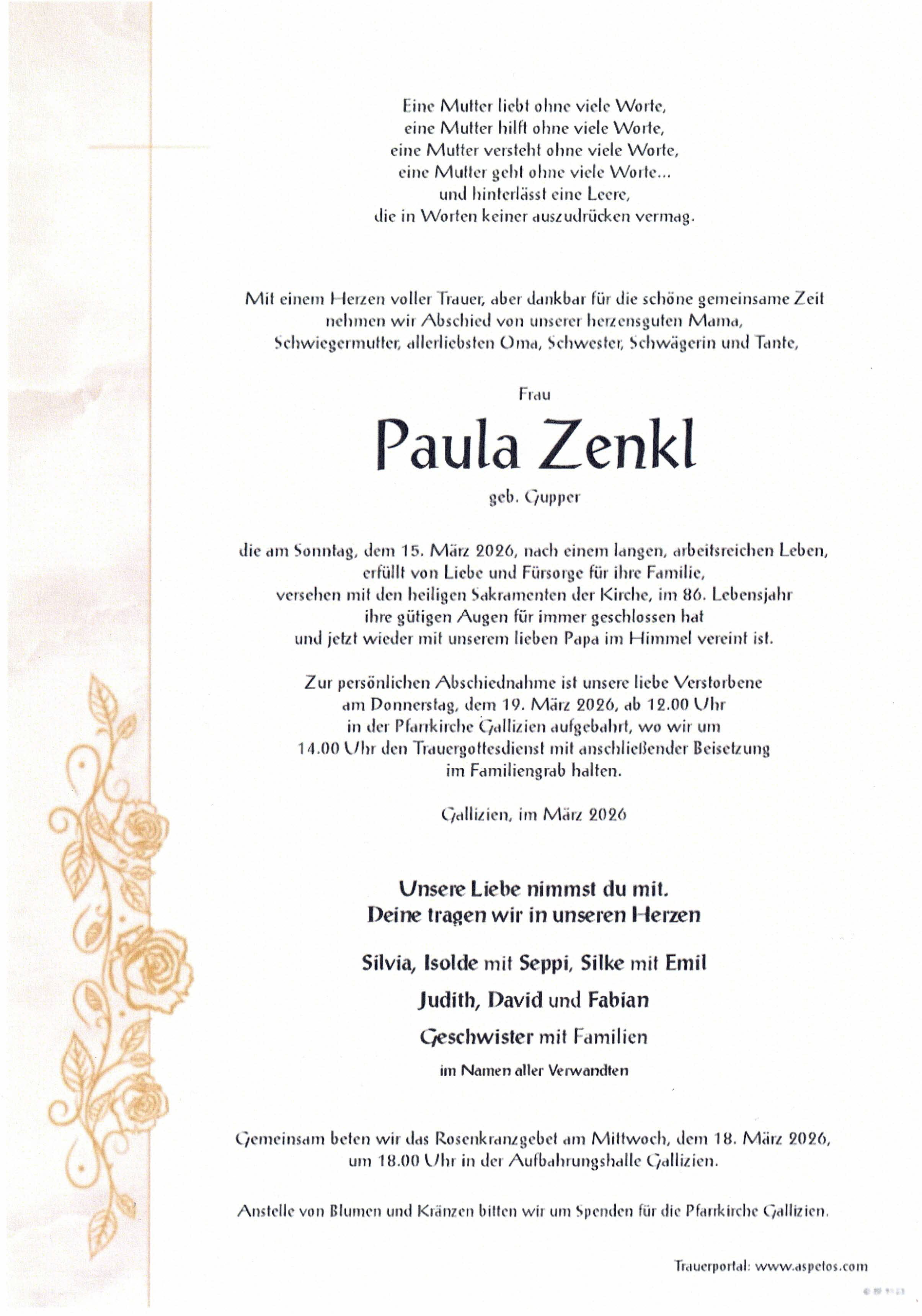 Traueranzeige von Paula Zenkl