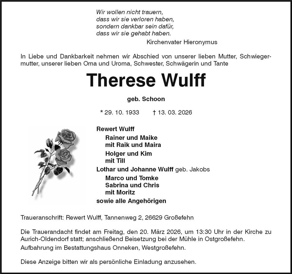 Traueranzeige von Therese Wulff
