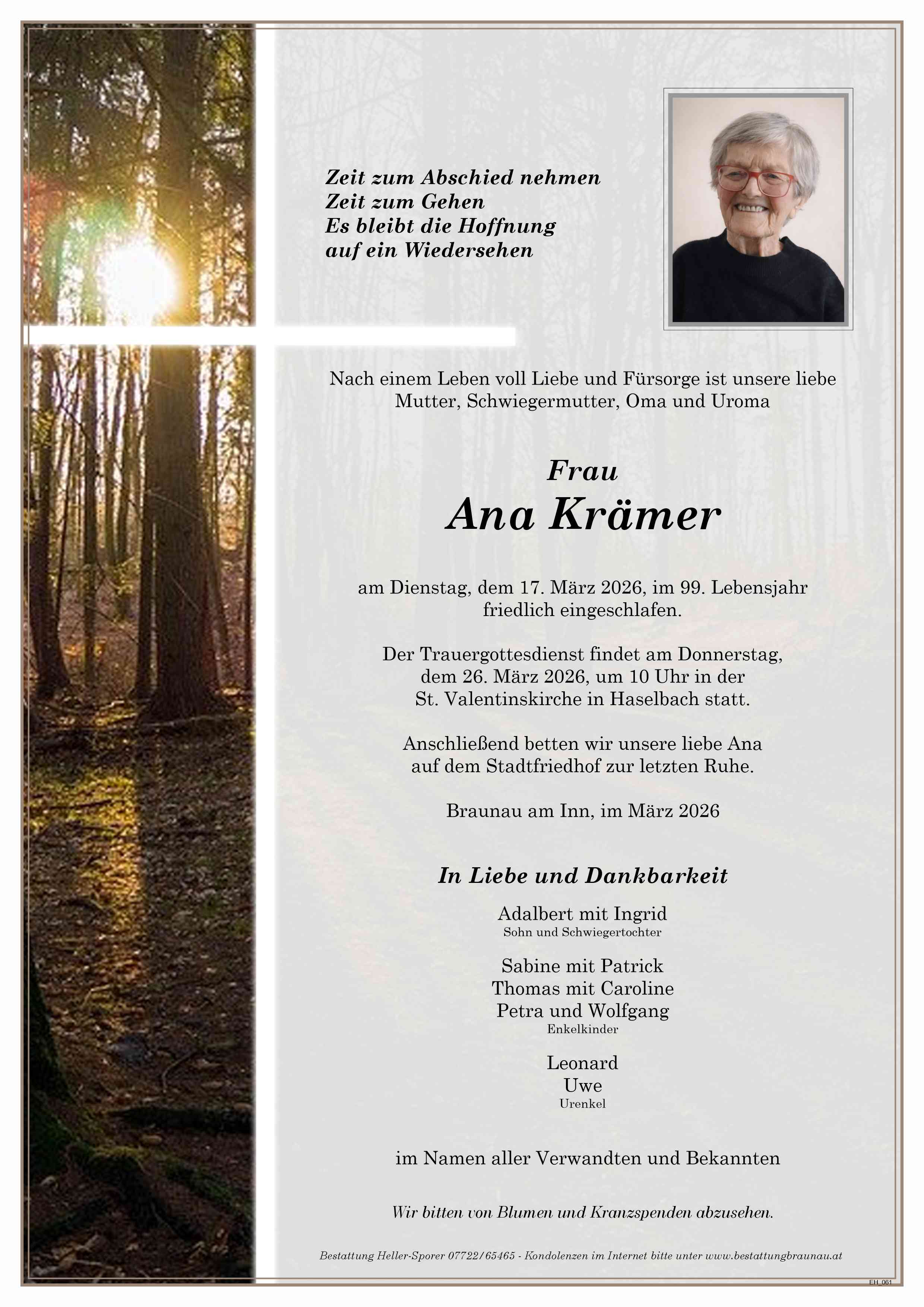 Traueranzeige von Ana Krämer