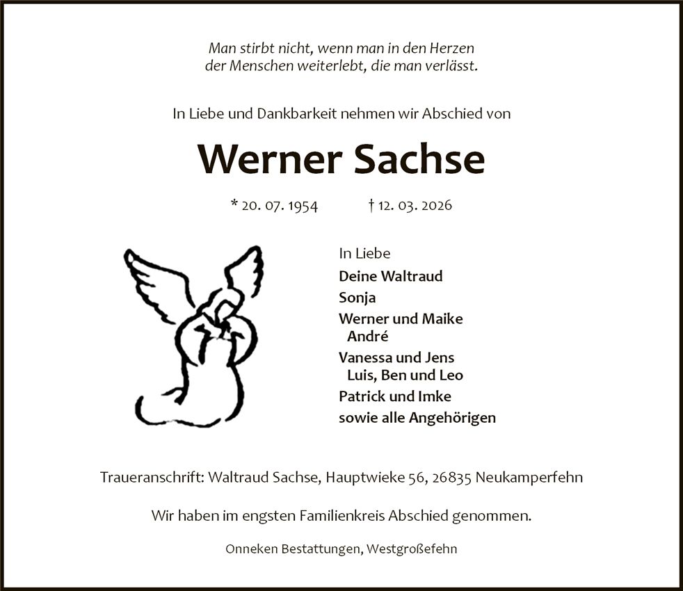 Traueranzeige von Werner Sachse