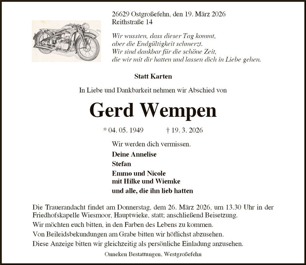 Traueranzeige von Gerd Wempen