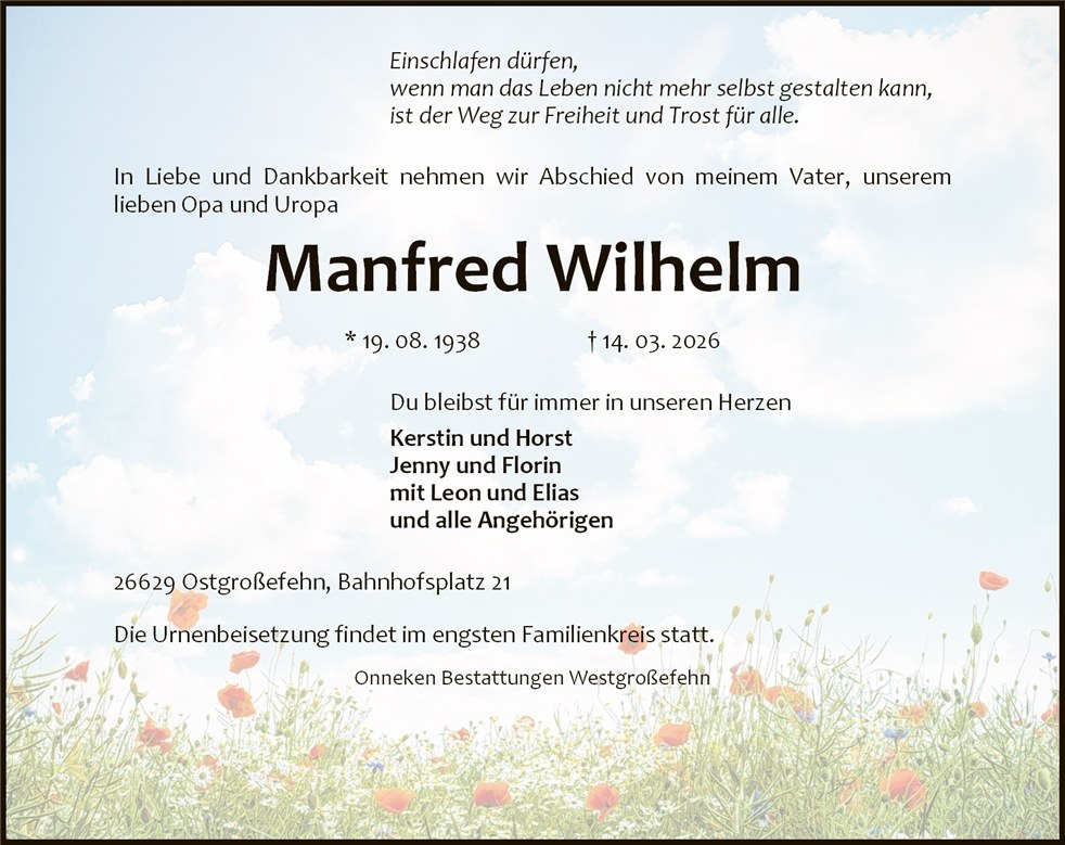Traueranzeige von Manfred Wilhelm