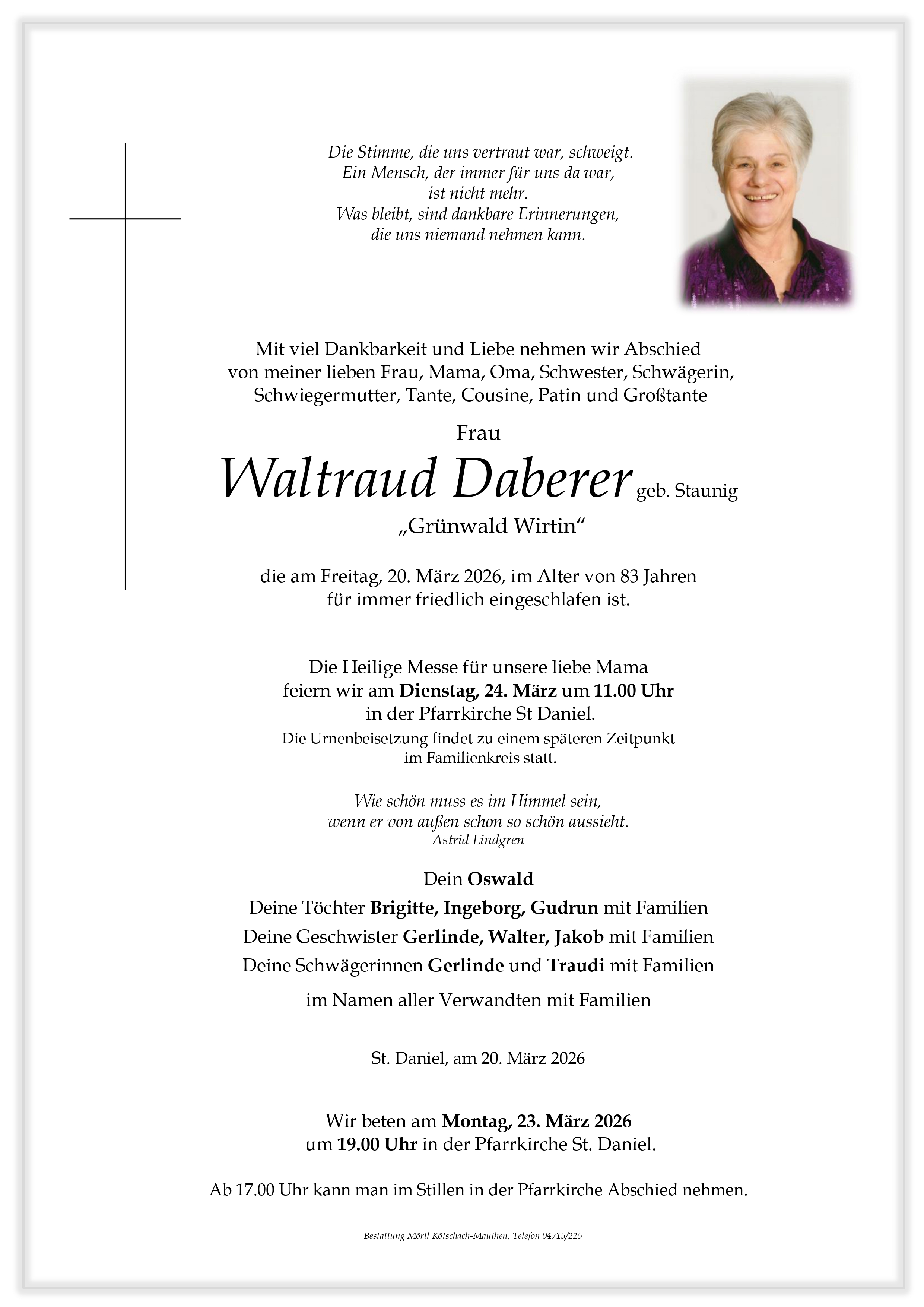 Traueranzeige von Waltraud Daberer