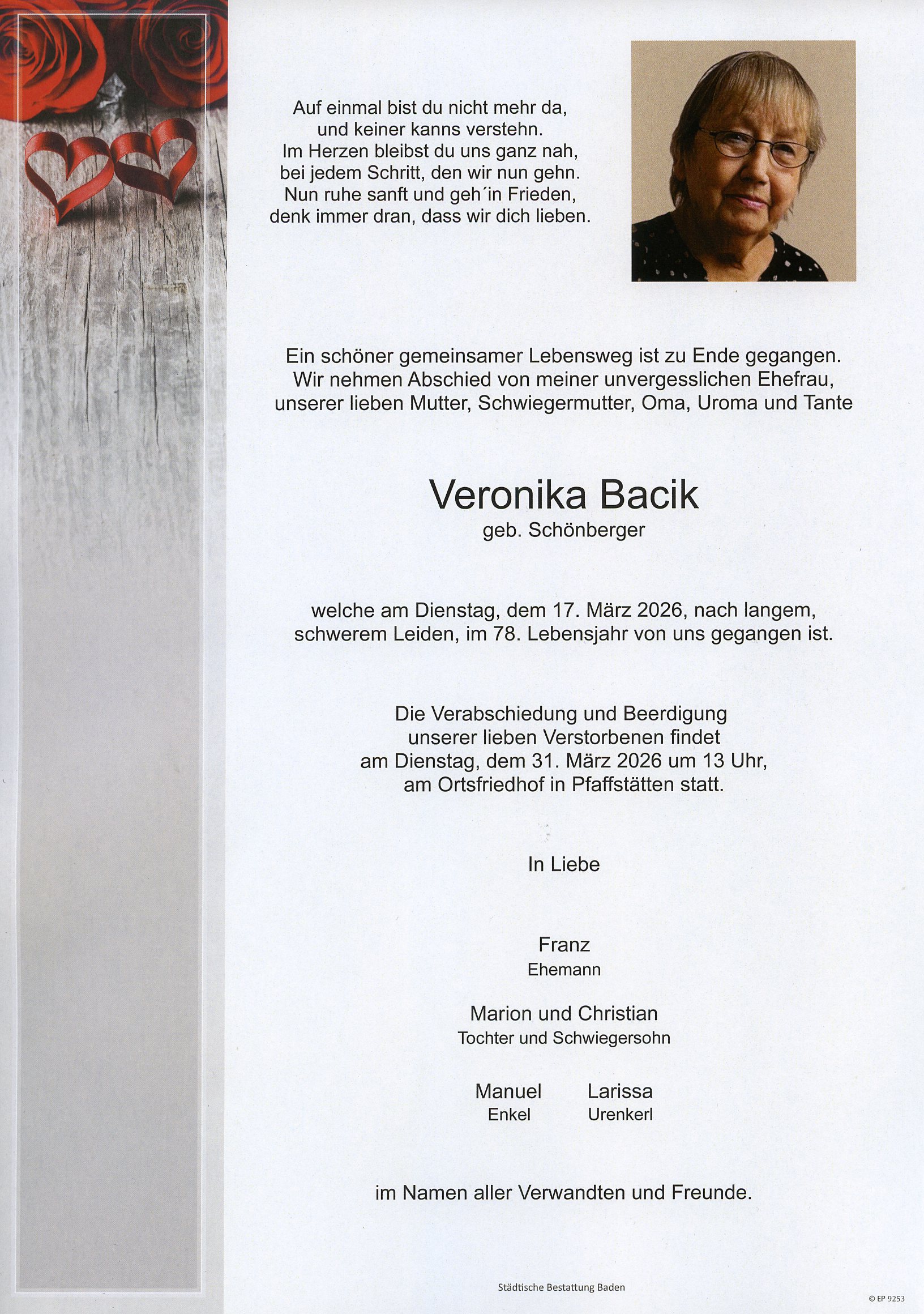 Traueranzeige von Veronika Bacik
