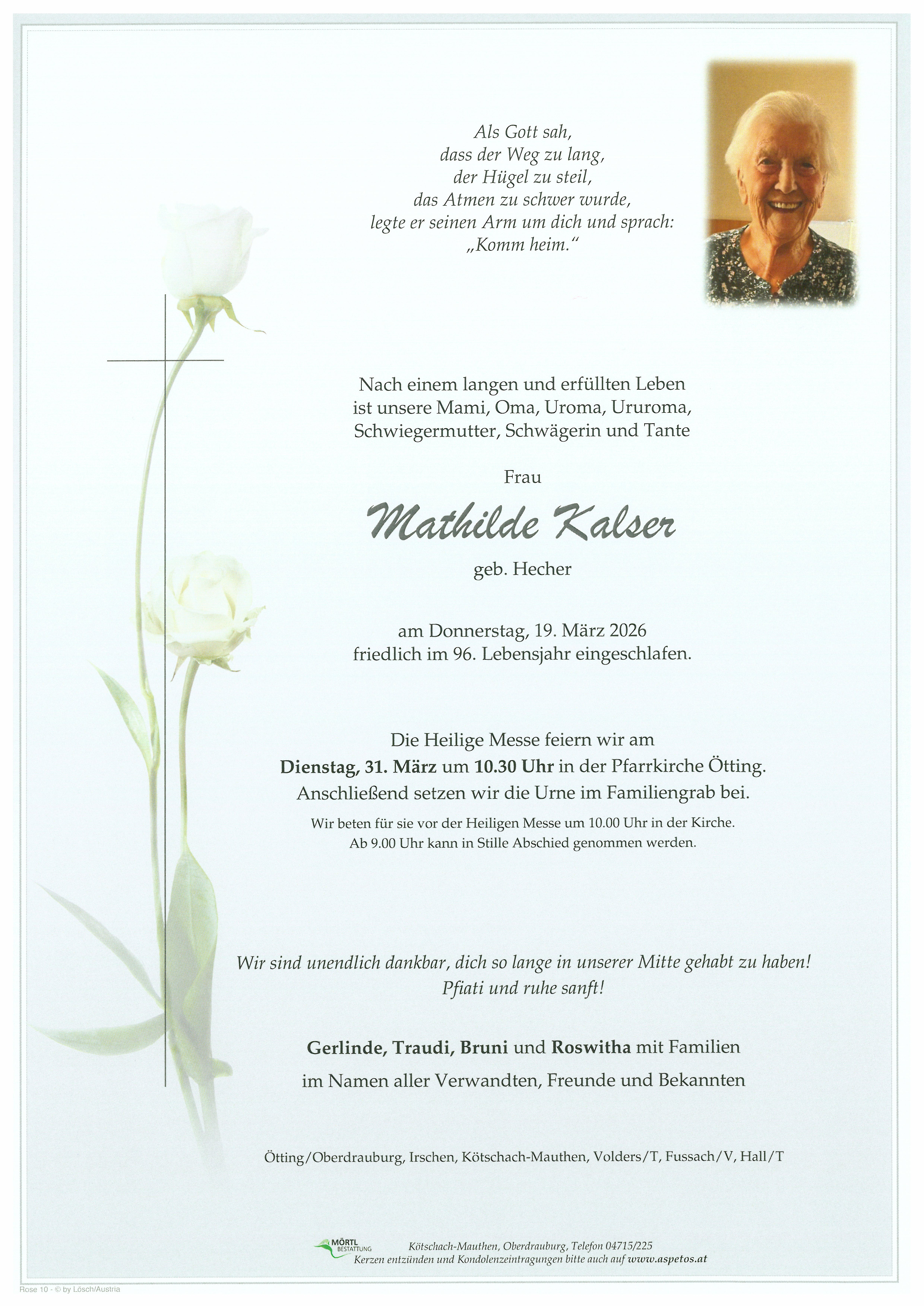 Traueranzeige von Mathilde Kalser