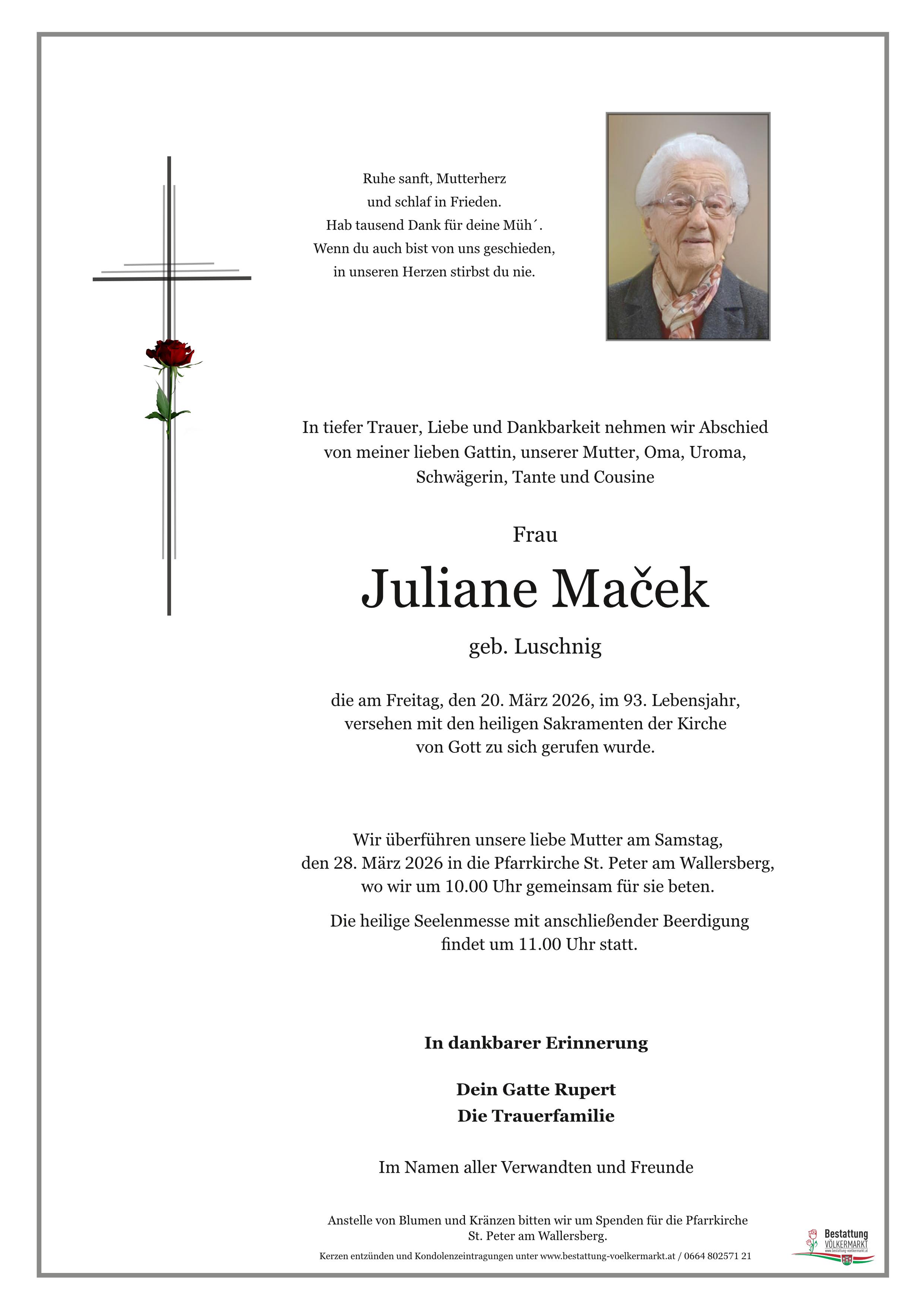 Traueranzeige von Juliane Maček