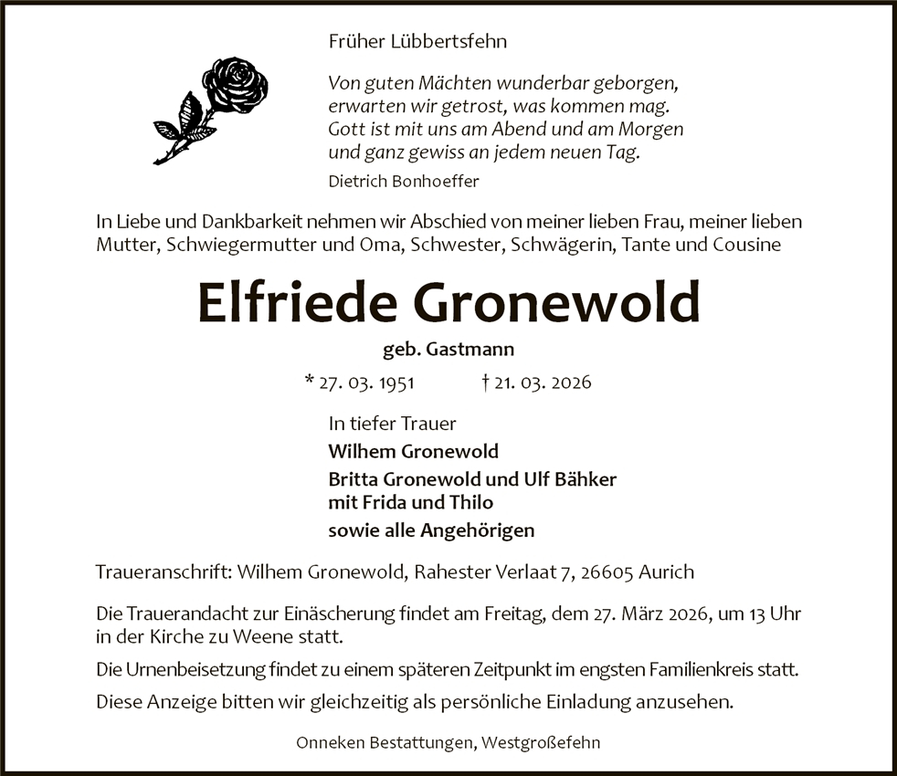 Traueranzeige von Elfriede Gronewold
