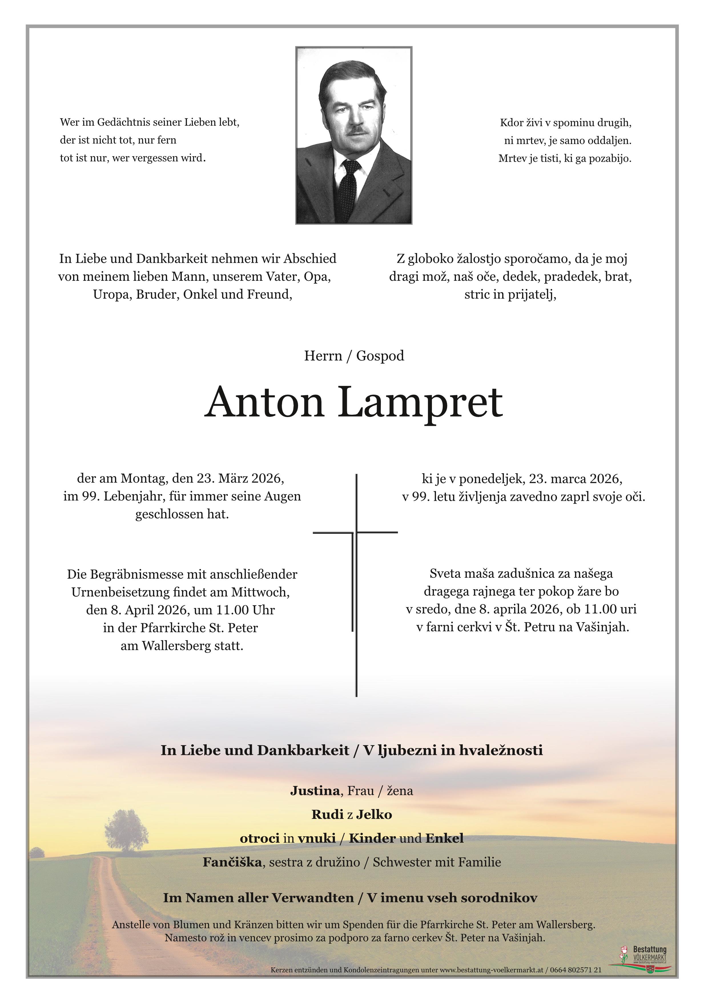 Traueranzeige von Anton Lampret