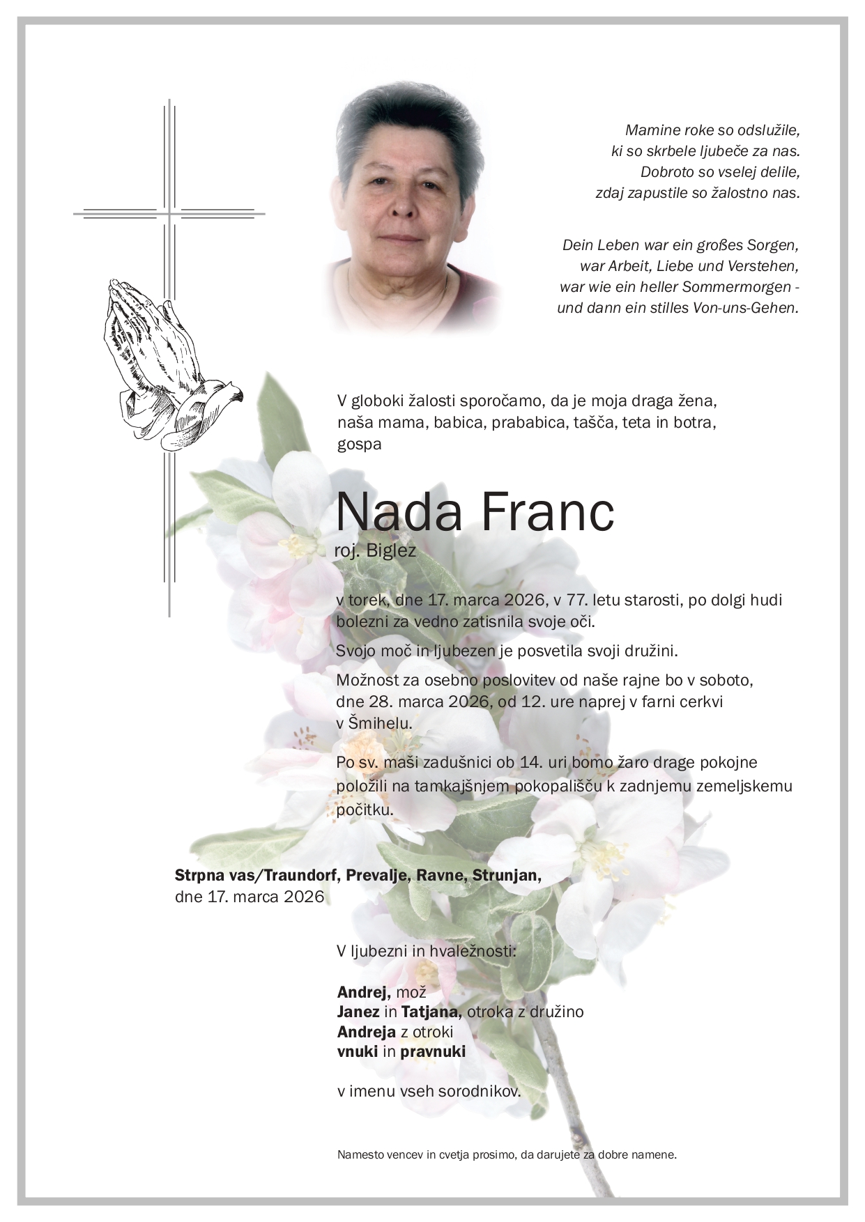 Traueranzeige von Nada Franc