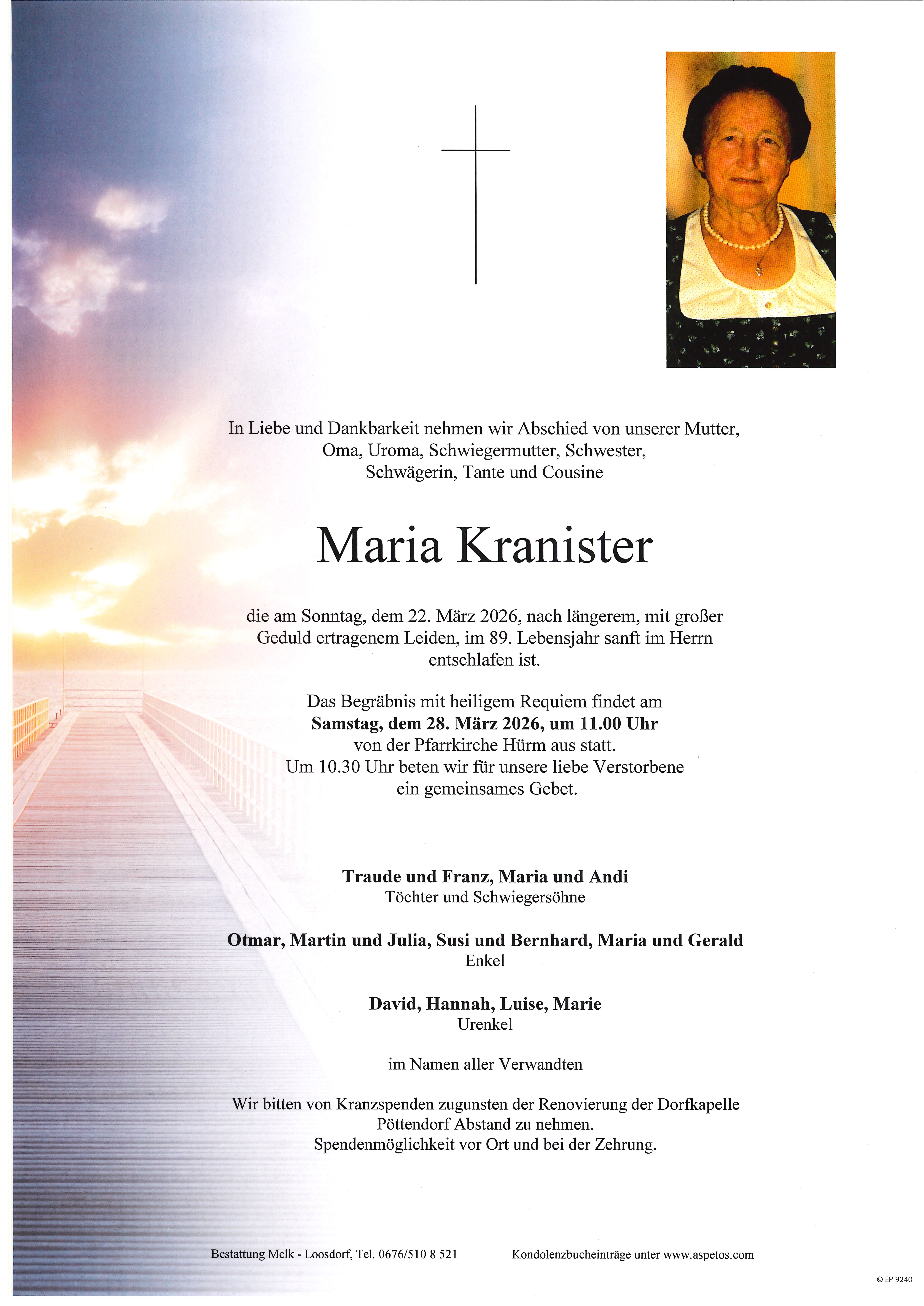 Traueranzeige von Maria Kranister