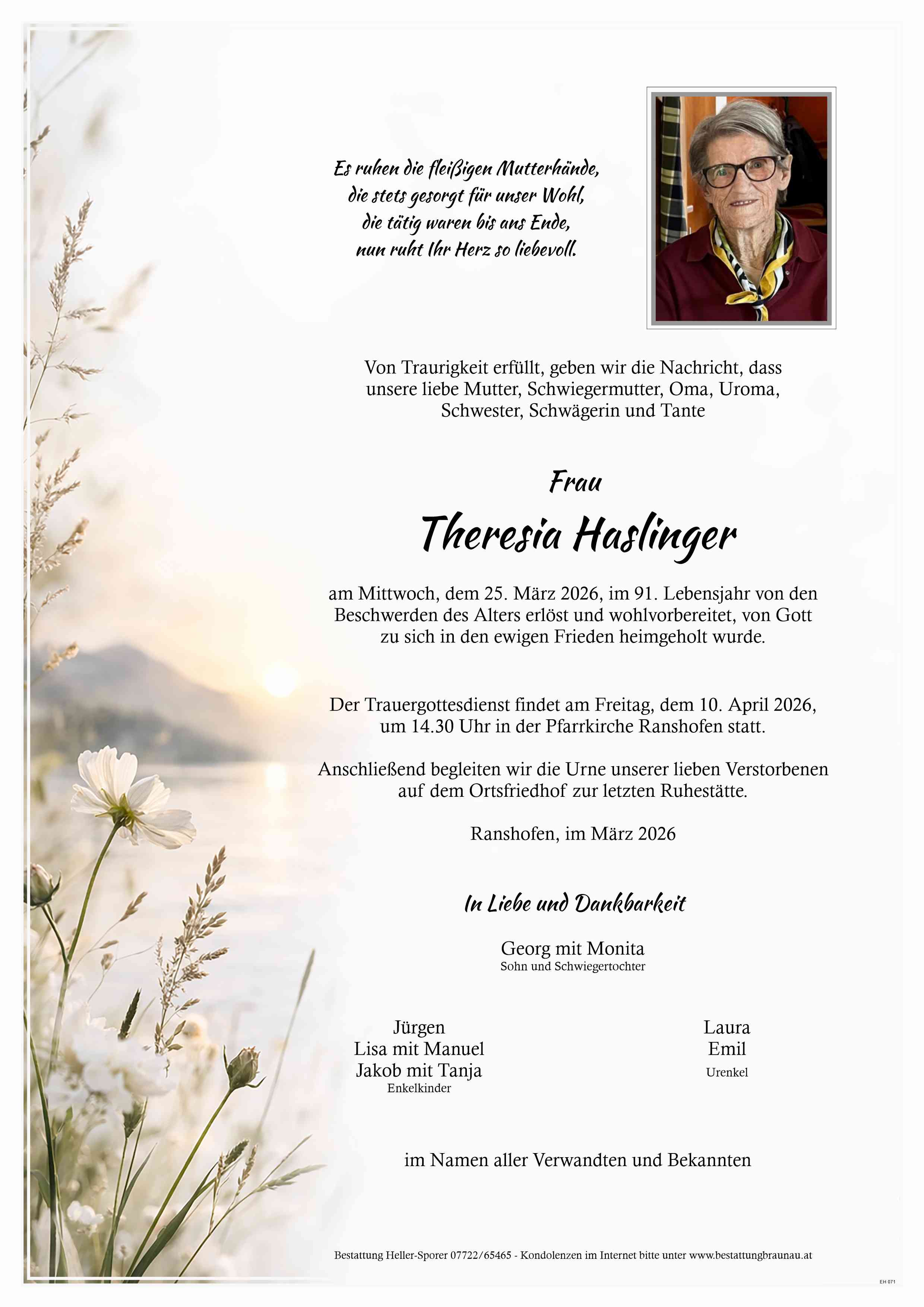 Traueranzeige von Theresia Haslinger