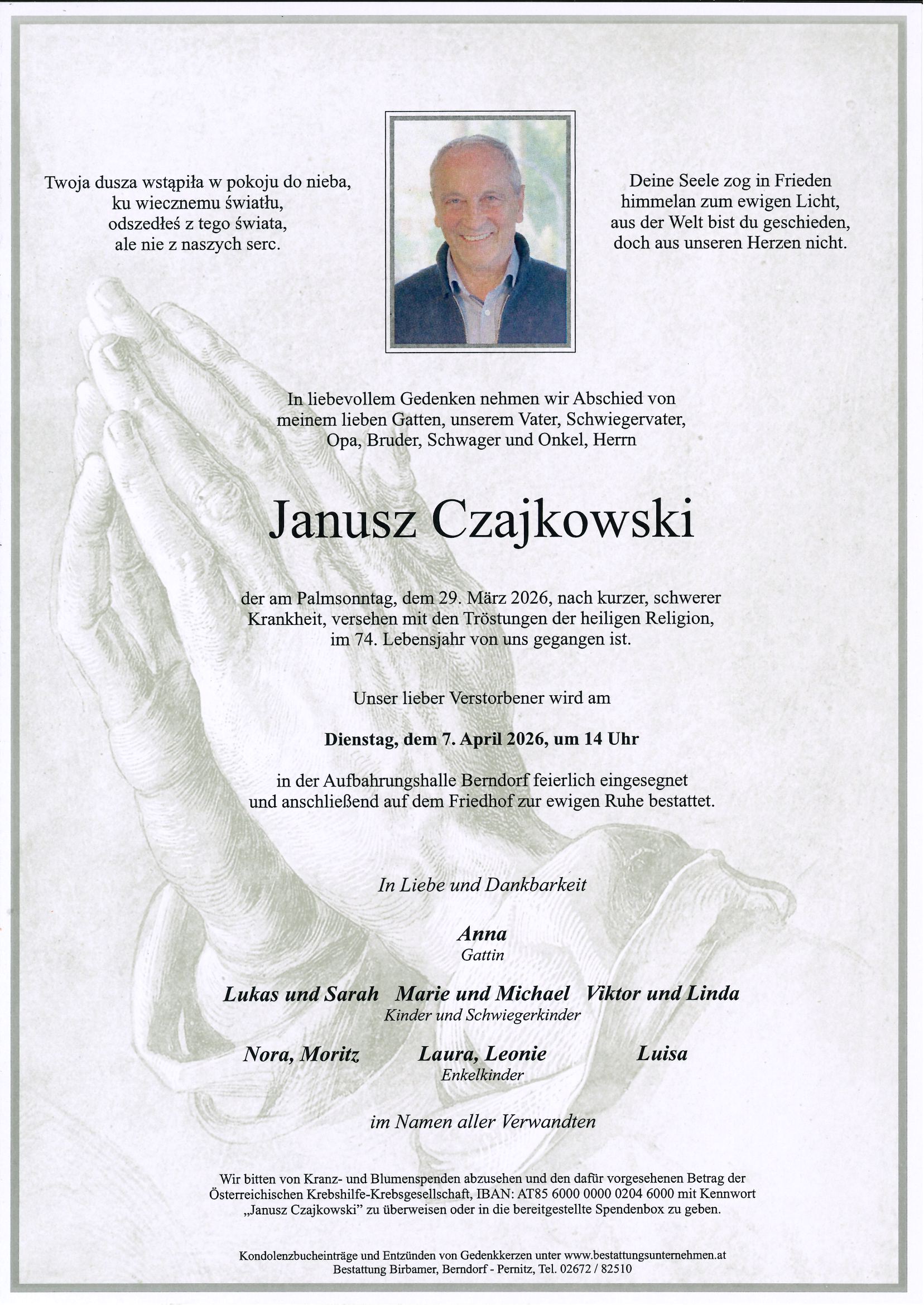 Traueranzeige von Janusz Czajkowski