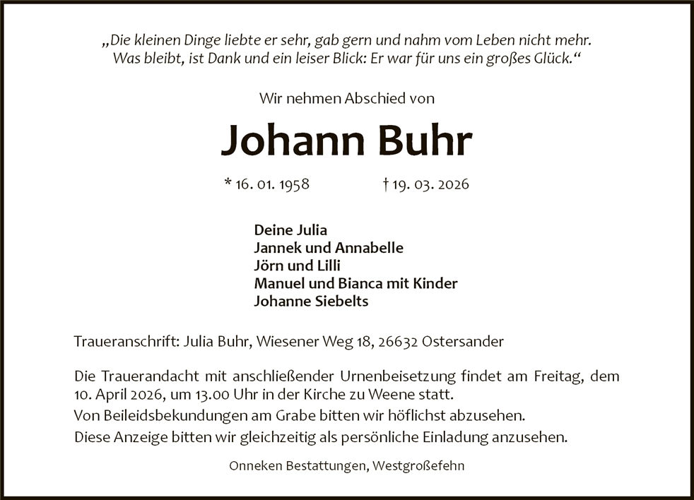 Traueranzeige von Johann Buhr