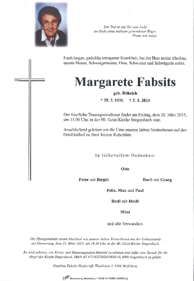 Traueranzeige von Margarete Fabsits