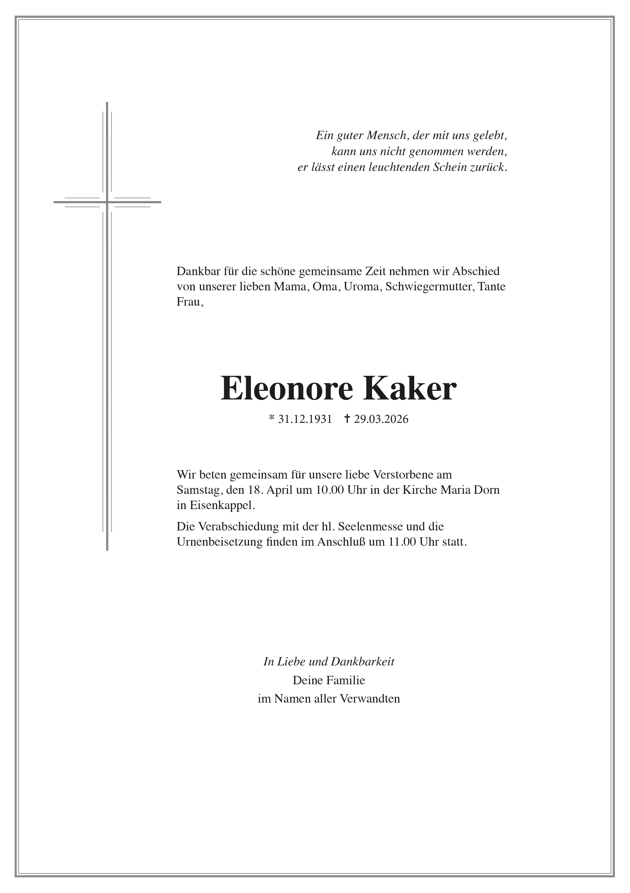 Traueranzeige von Elenore Kaker