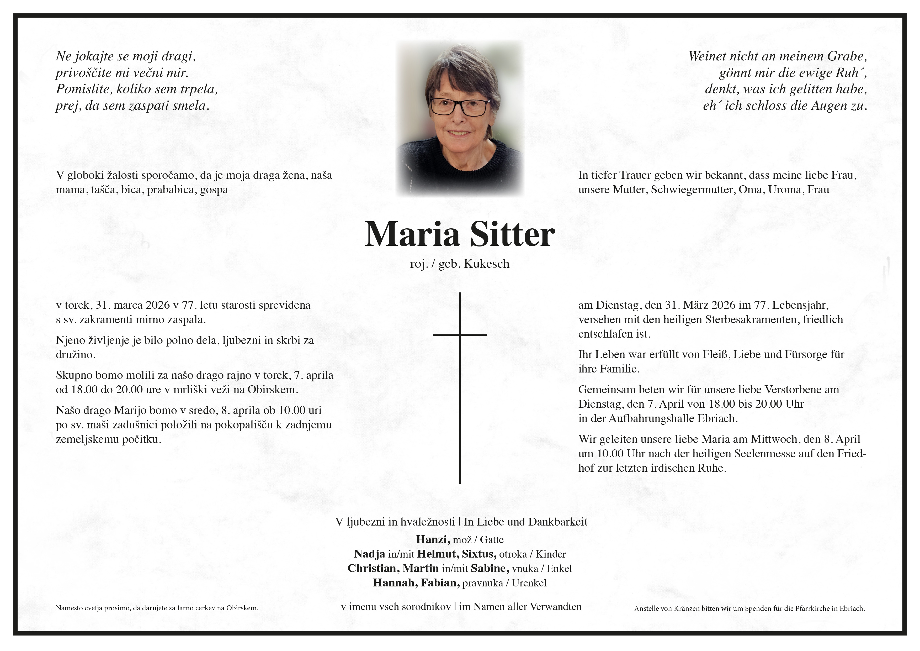 Traueranzeige von Maria Sitter