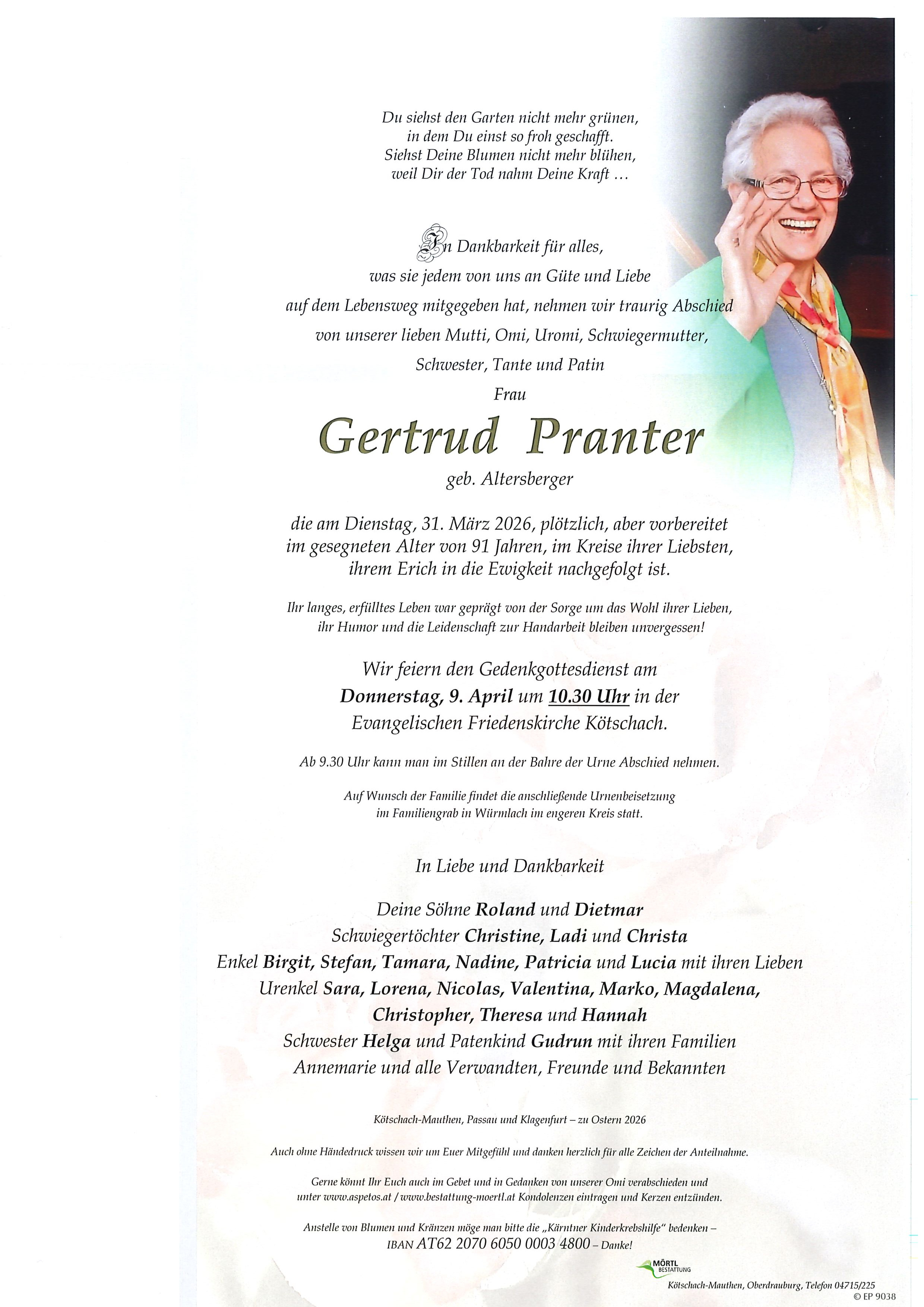Traueranzeige von Gertrud Pranter