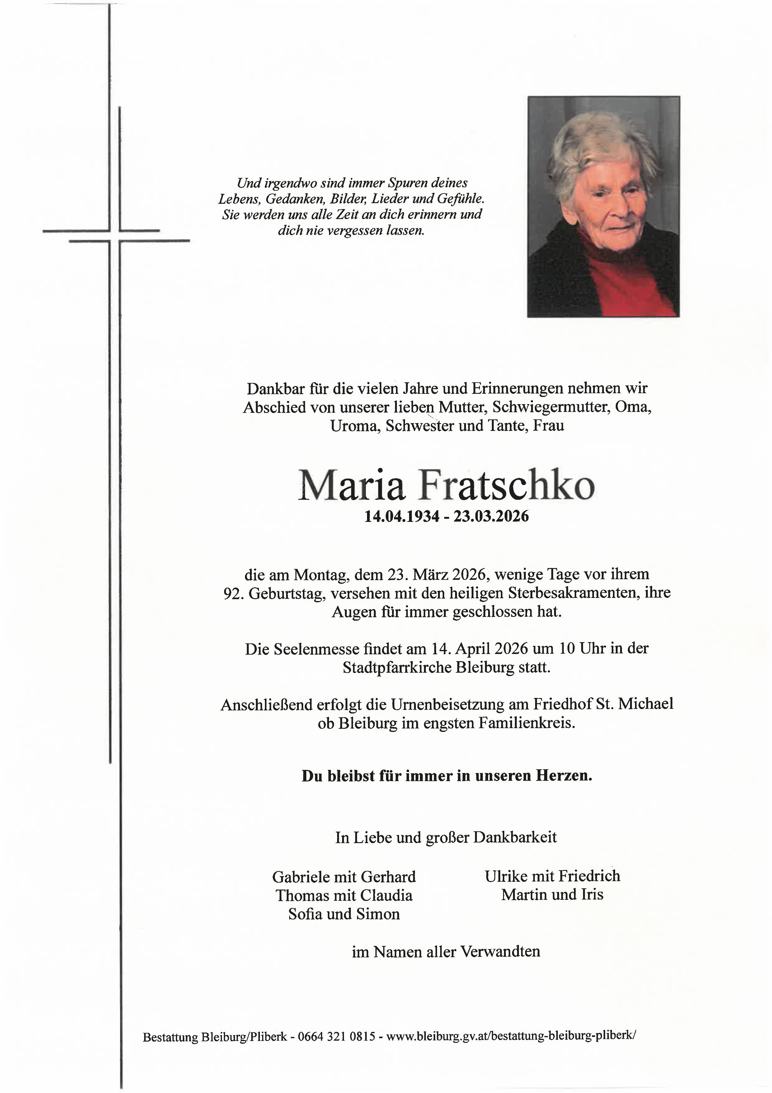 Traueranzeige von Maria Fratschko