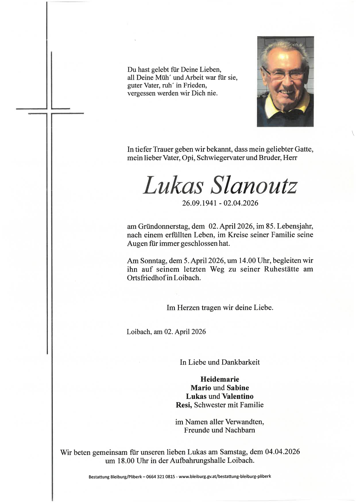 Traueranzeige von Lukas Slanoutz