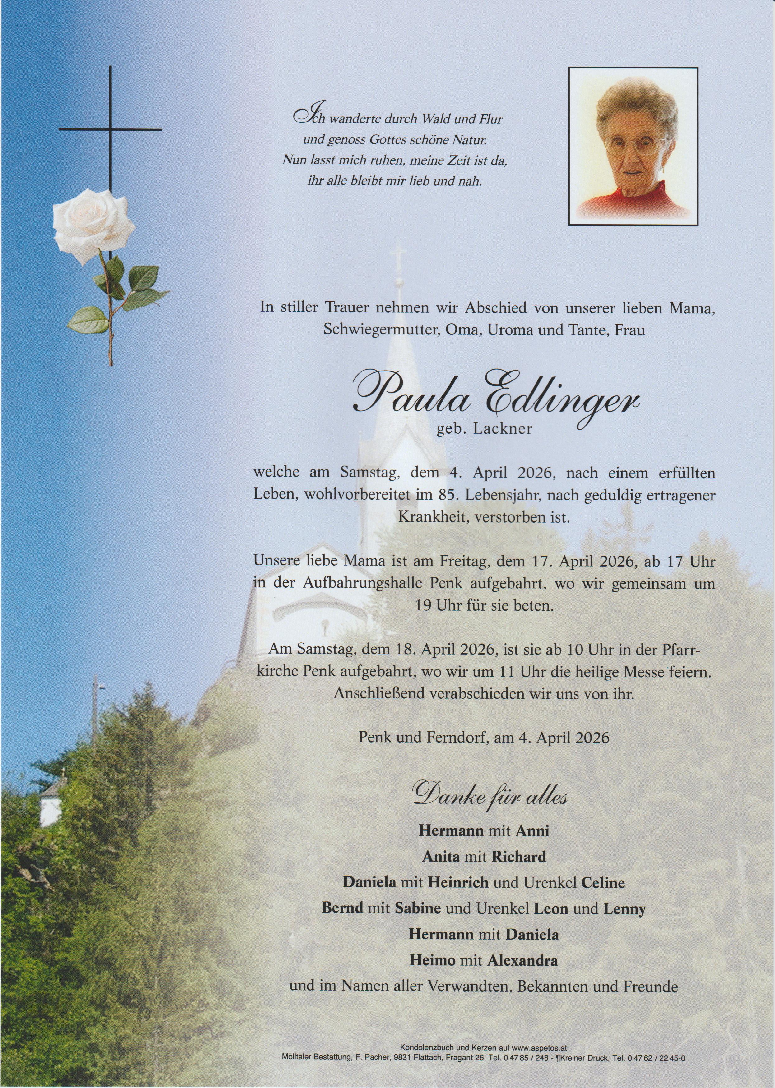 Traueranzeige von Paula Edlinger