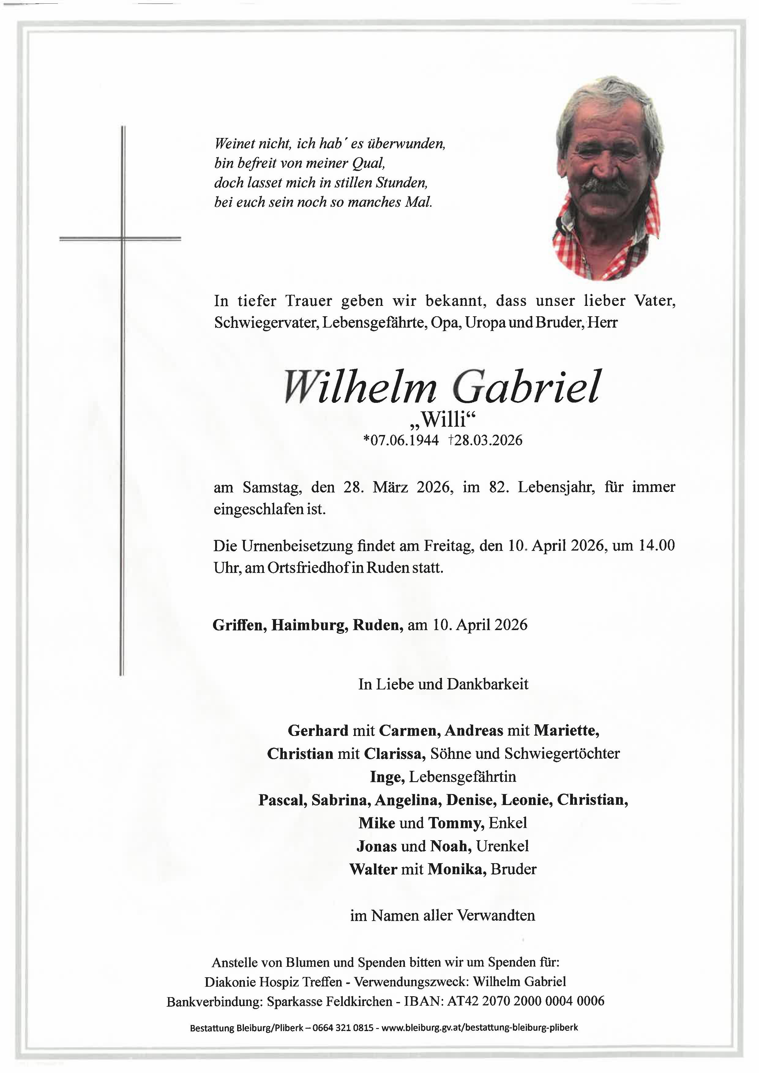 Traueranzeige von Wilhelm Gabriel
