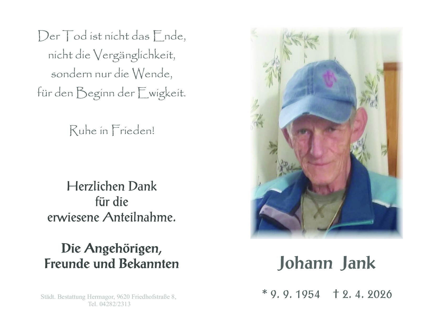 Traueranzeige von Johann Jank