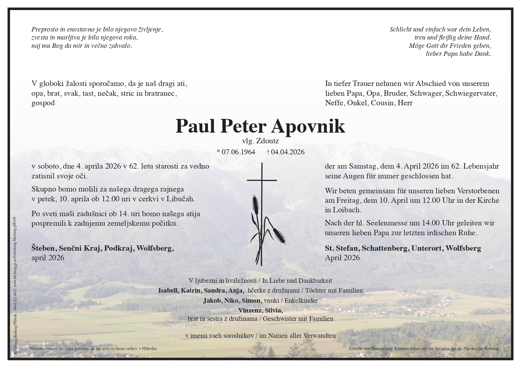 Traueranzeige von Paul Peter Apovnik vlg. Zdovc