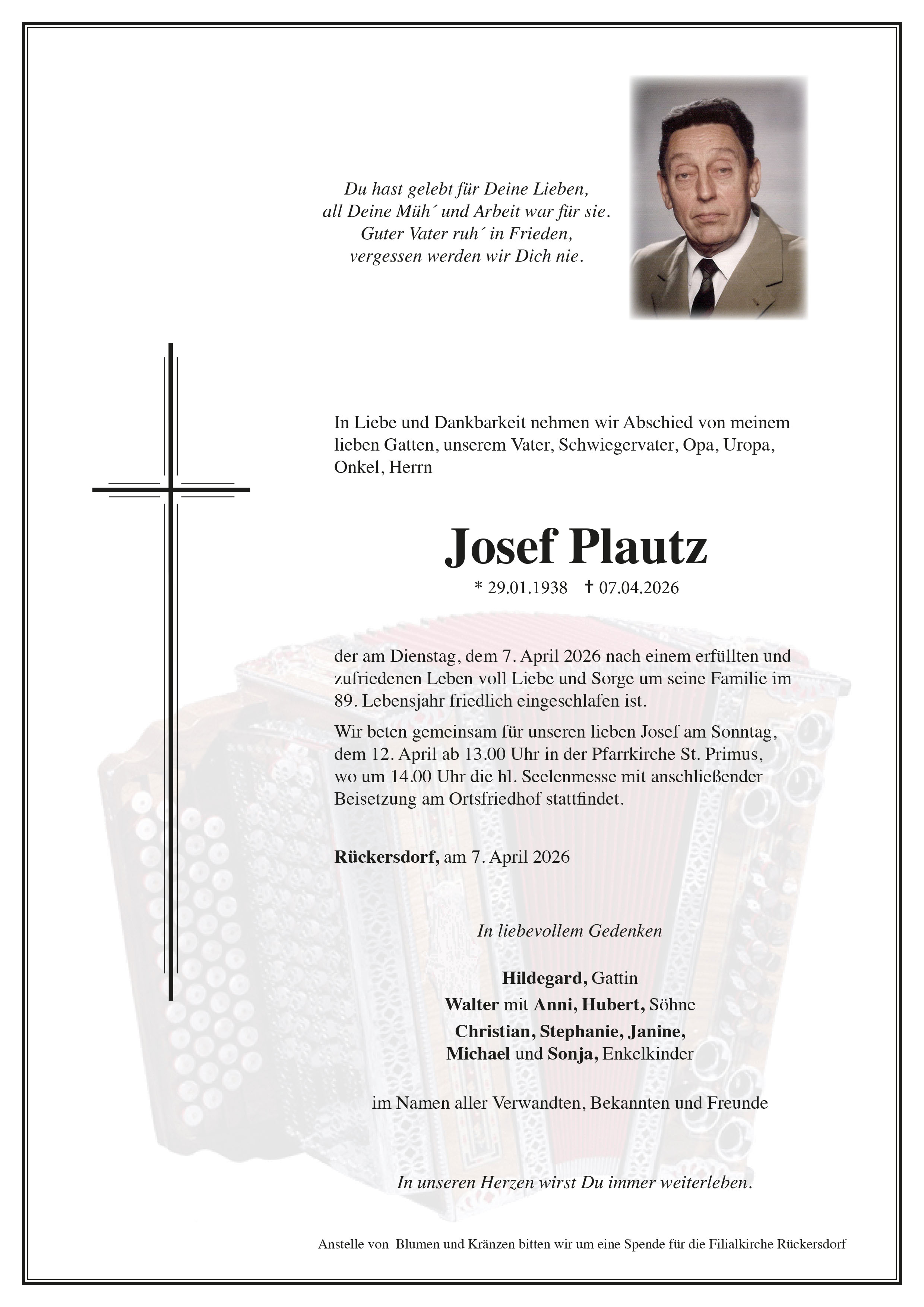 Traueranzeige von Josef Plautz